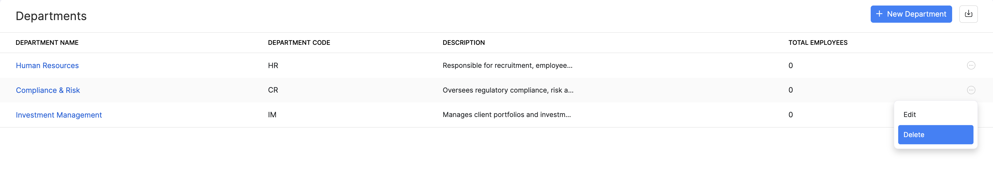 Delete a department in Zoho Payroll