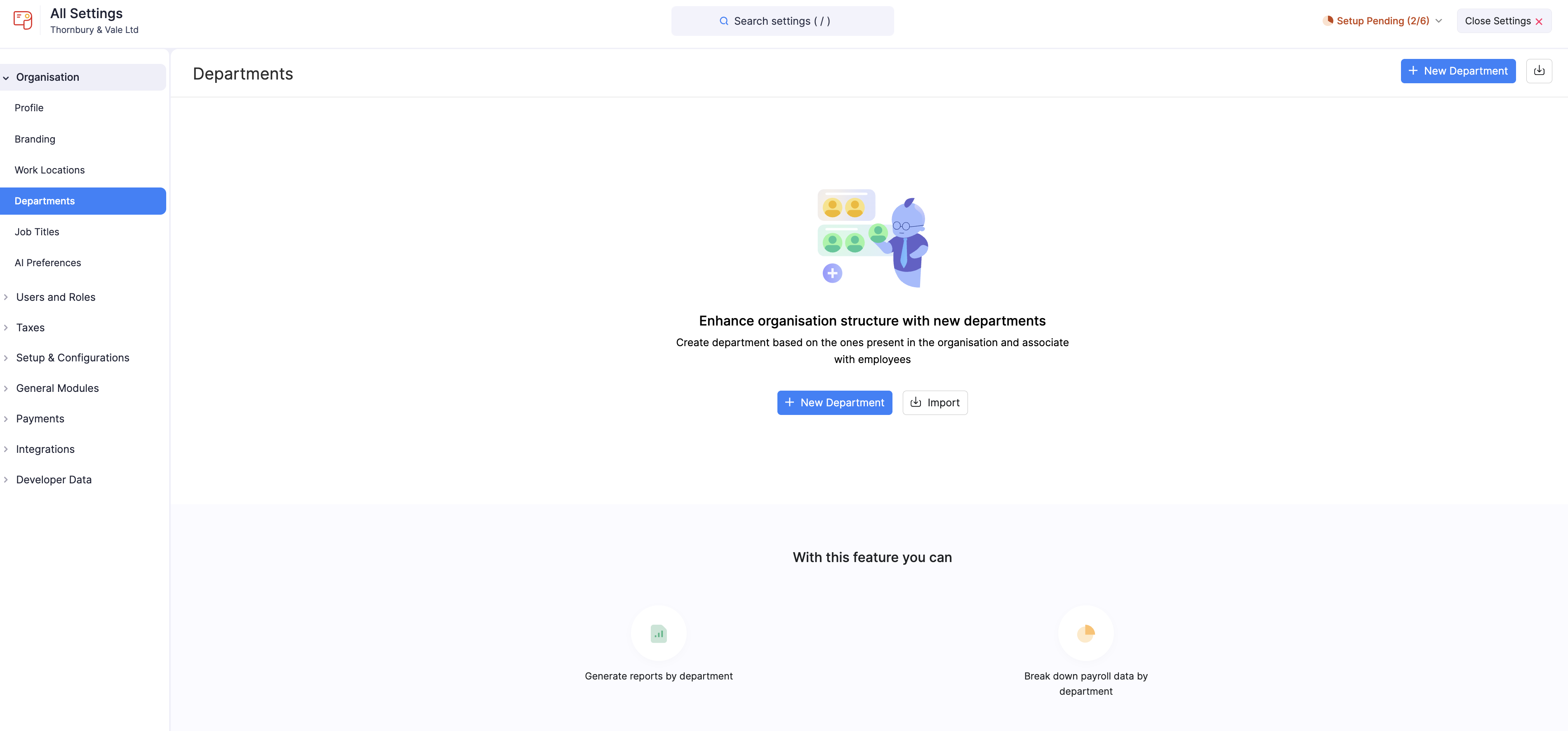 The Departments page in Zoho Payroll