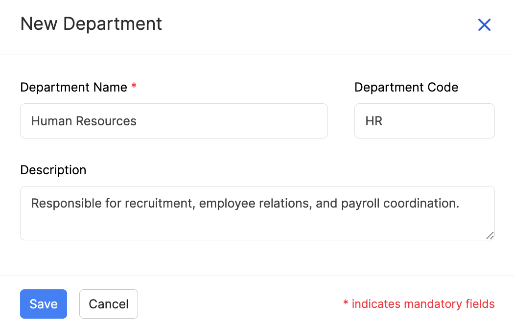 Create a new department in Zoho Payroll