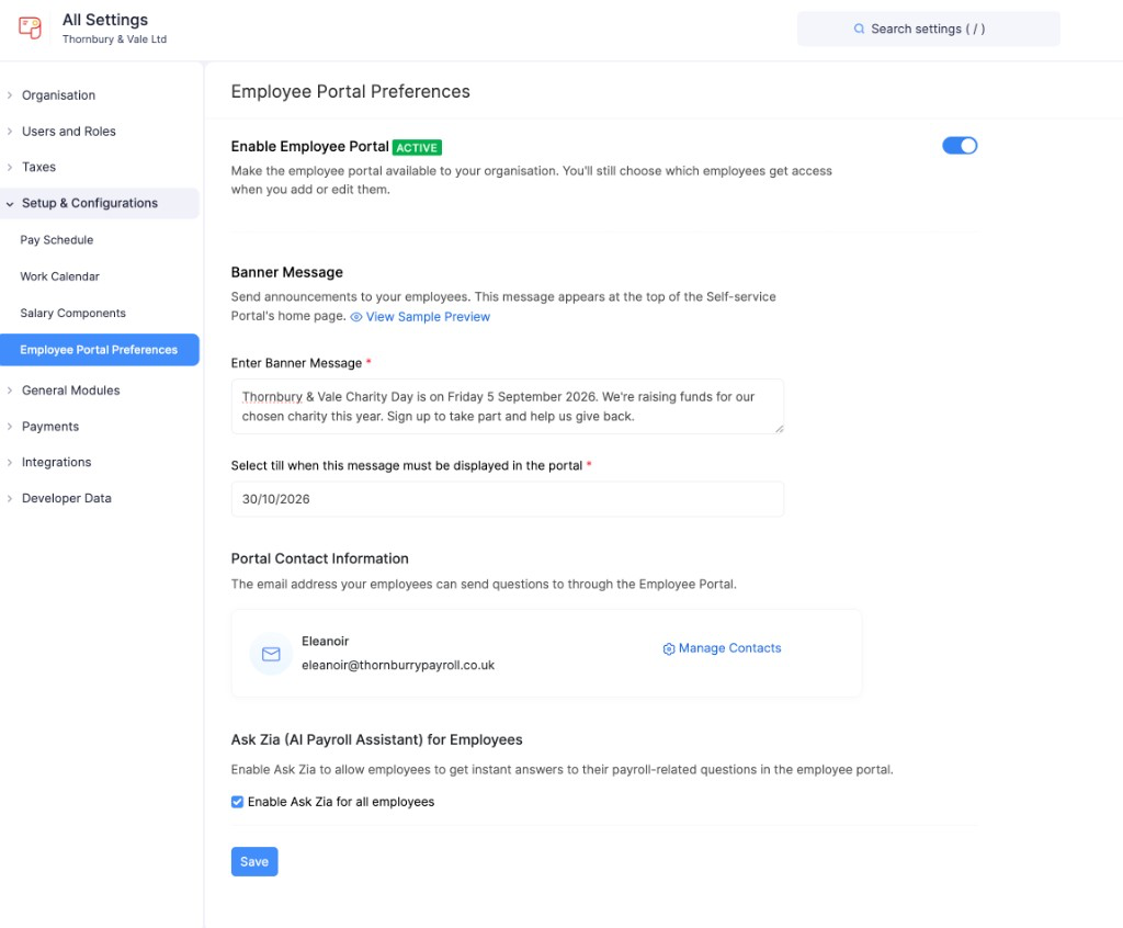 Employee Portal Preferences in Zoho Payroll