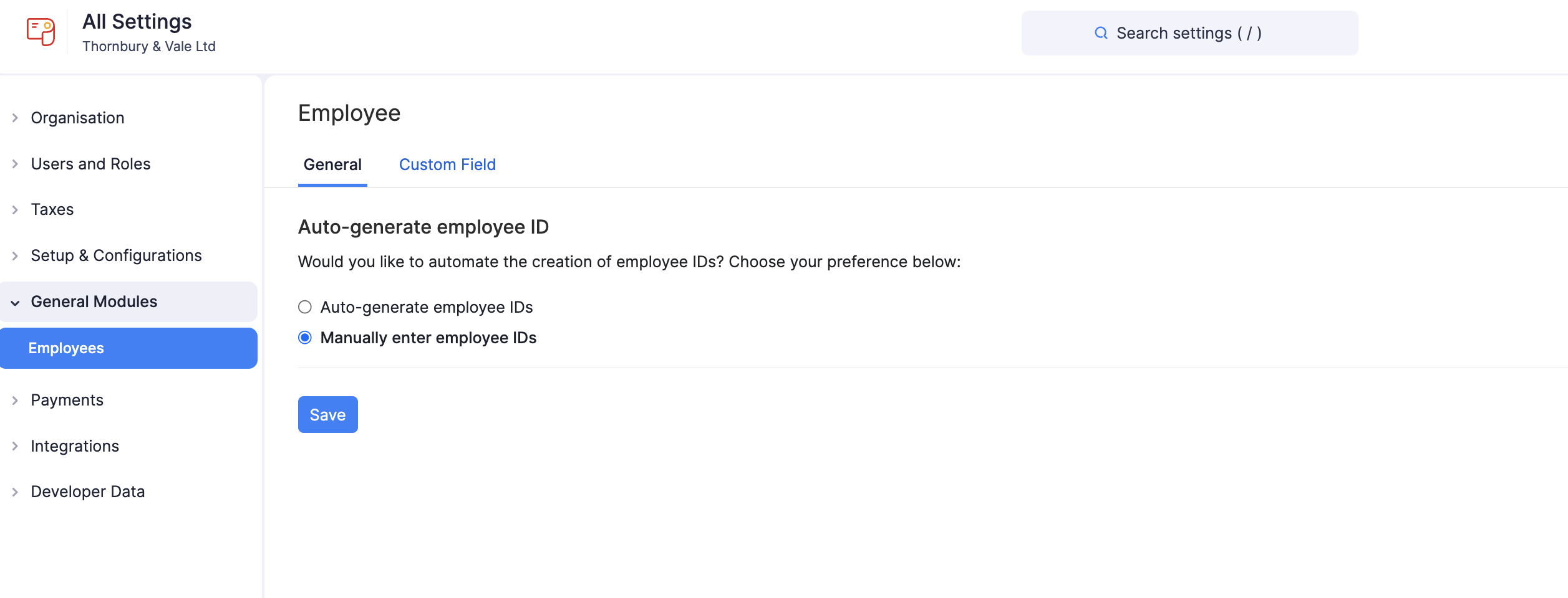Manually enter employee IDs in Zoho Payroll
