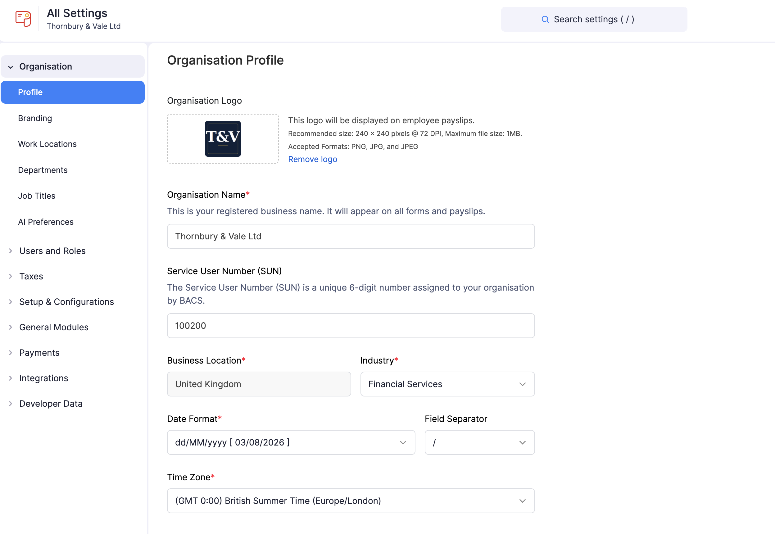 Basic details and regional settings on the Organisation Profile page in Zoho Payroll