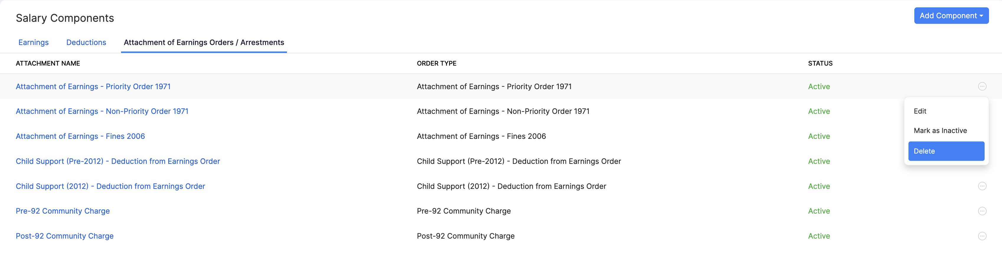 Delete an attachment of earnings in Zoho Payroll