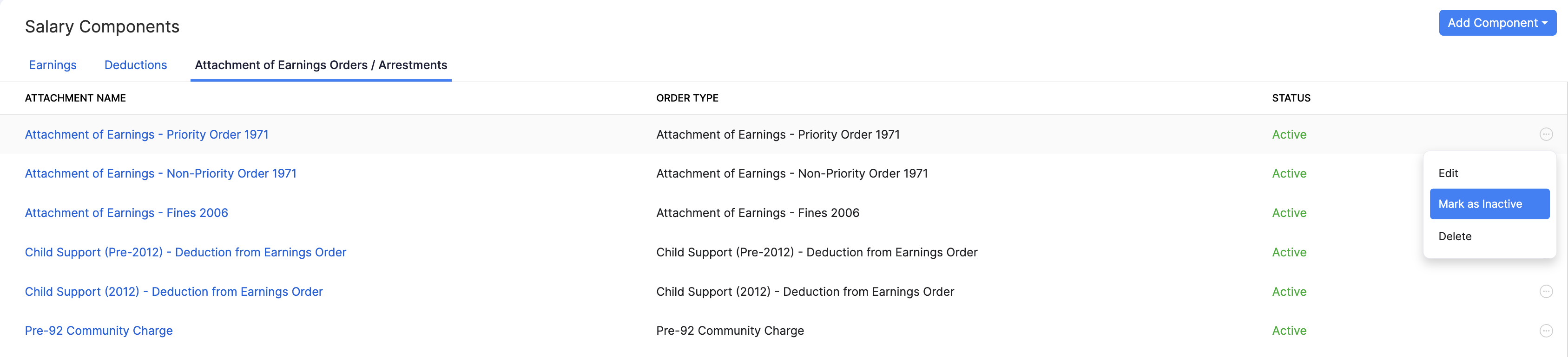 Mark an attachment of earnings as inactive