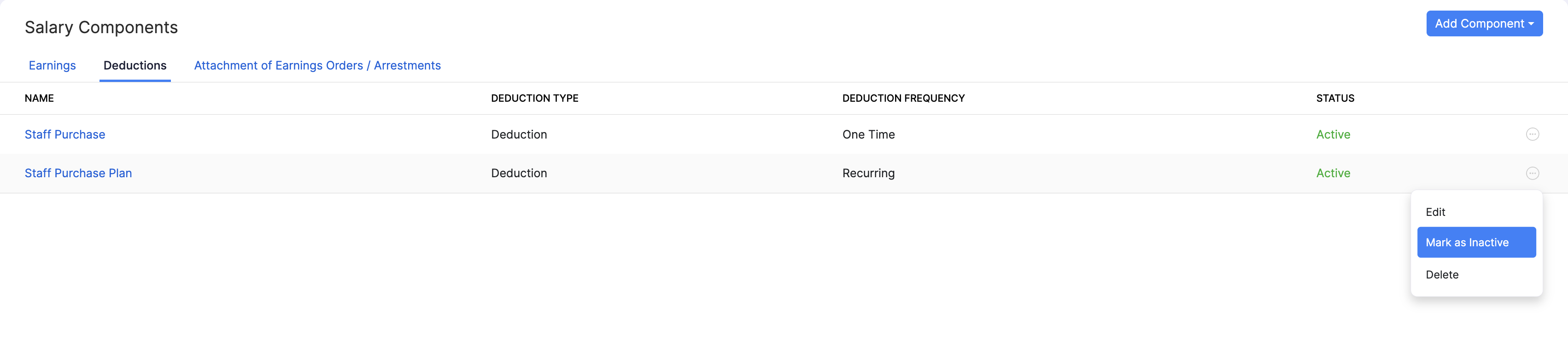Mark a deduction as inactive in Zoho Payroll