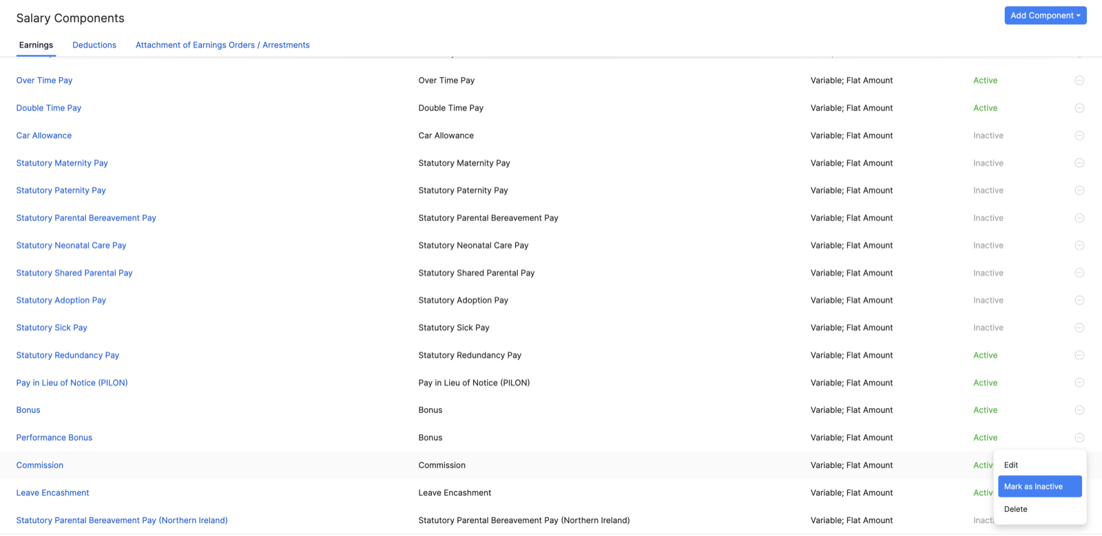 Mark an earning as inactive in Zoho Payroll