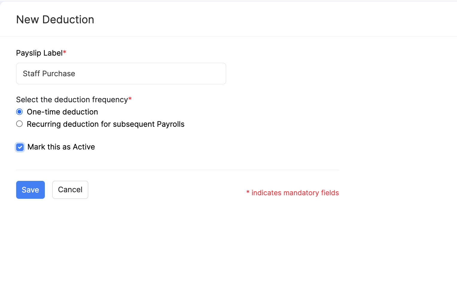 Add a one-time deduction in Zoho Payroll