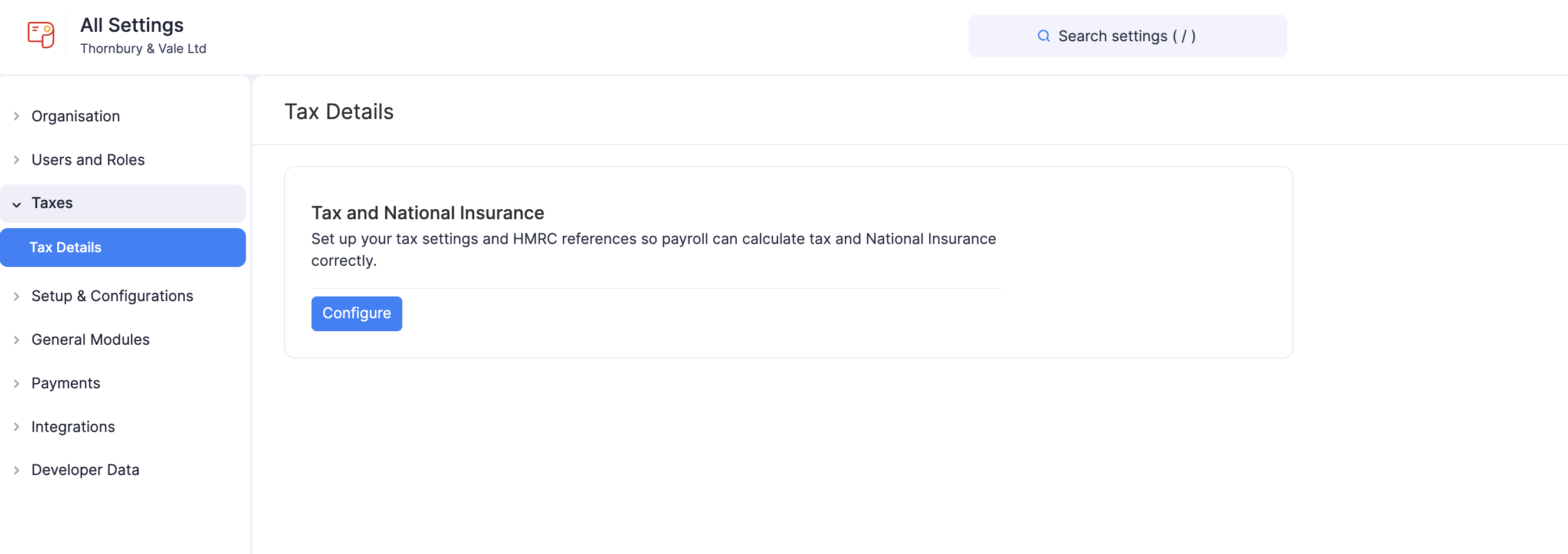 Tax Details page in Zoho Payroll before configuration