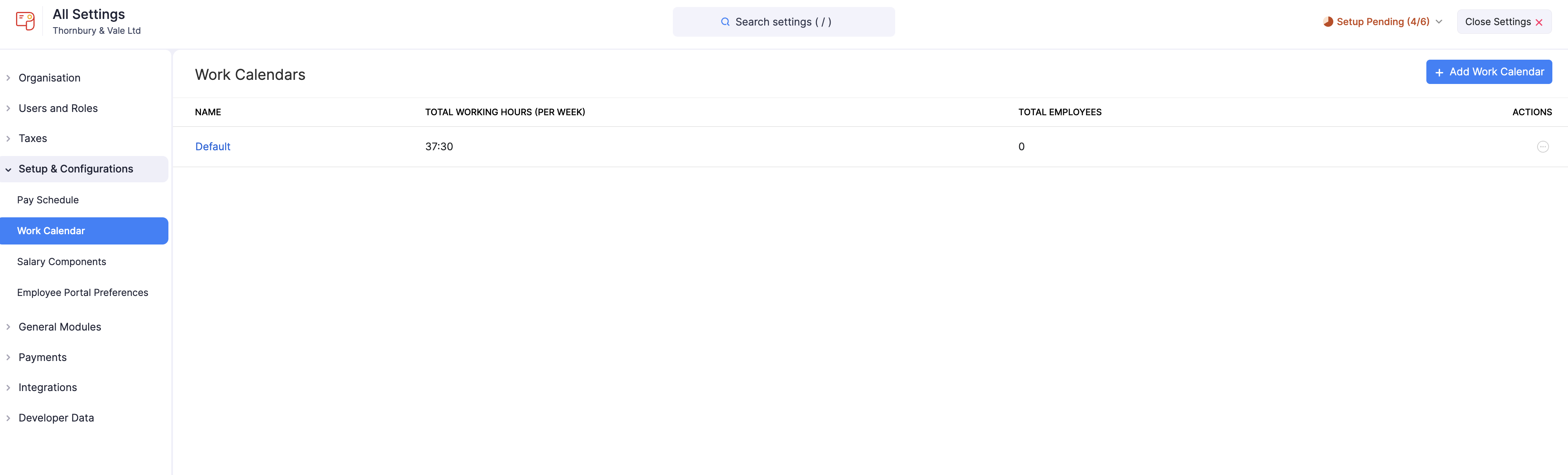 The Work Calendars page in Zoho Payroll