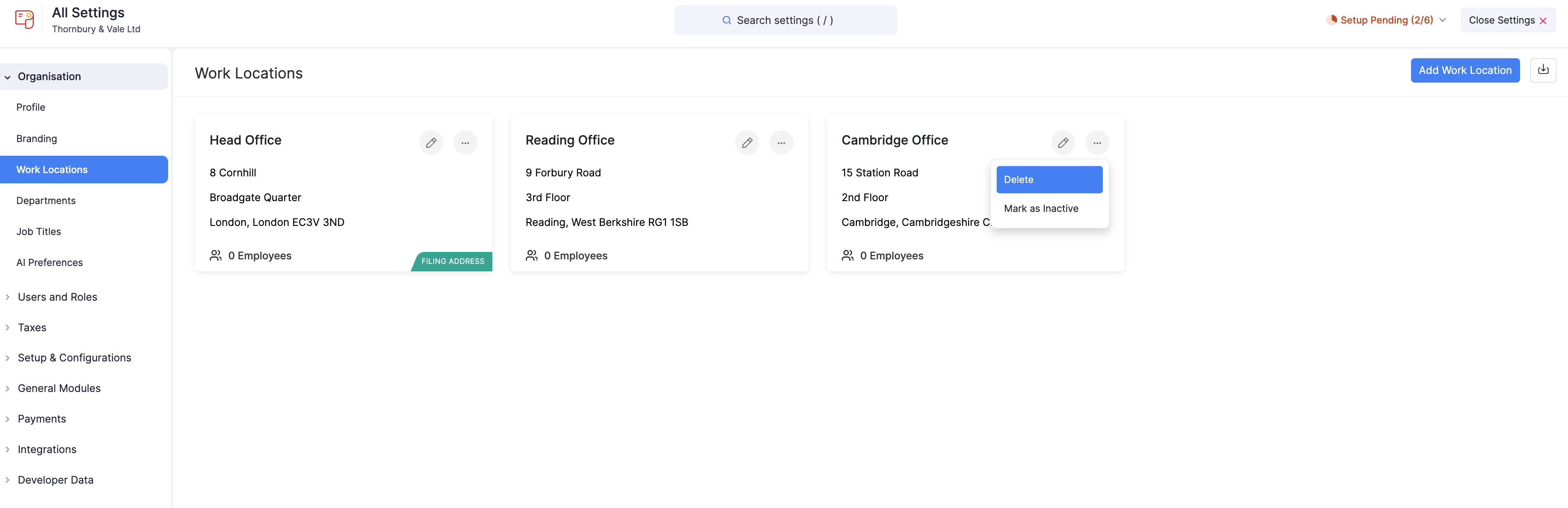 Delete a work location in Zoho Payroll