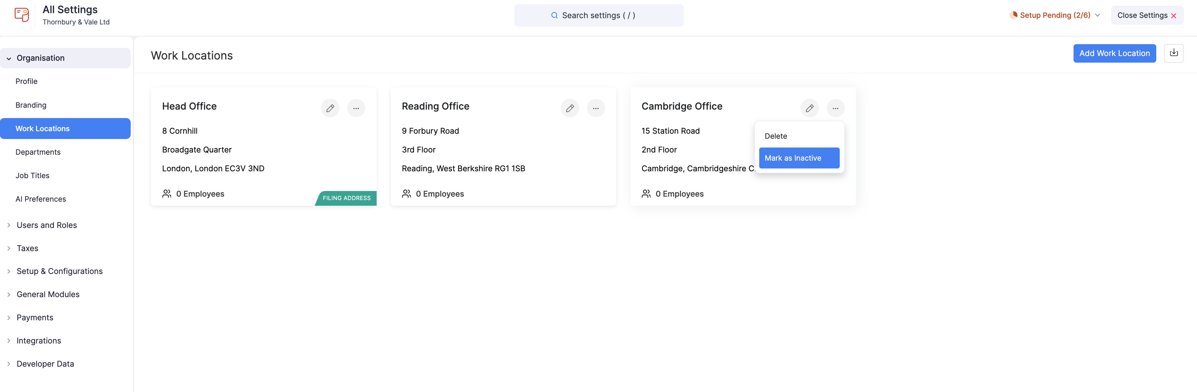 Mark a work location as inactive in Zoho Payroll