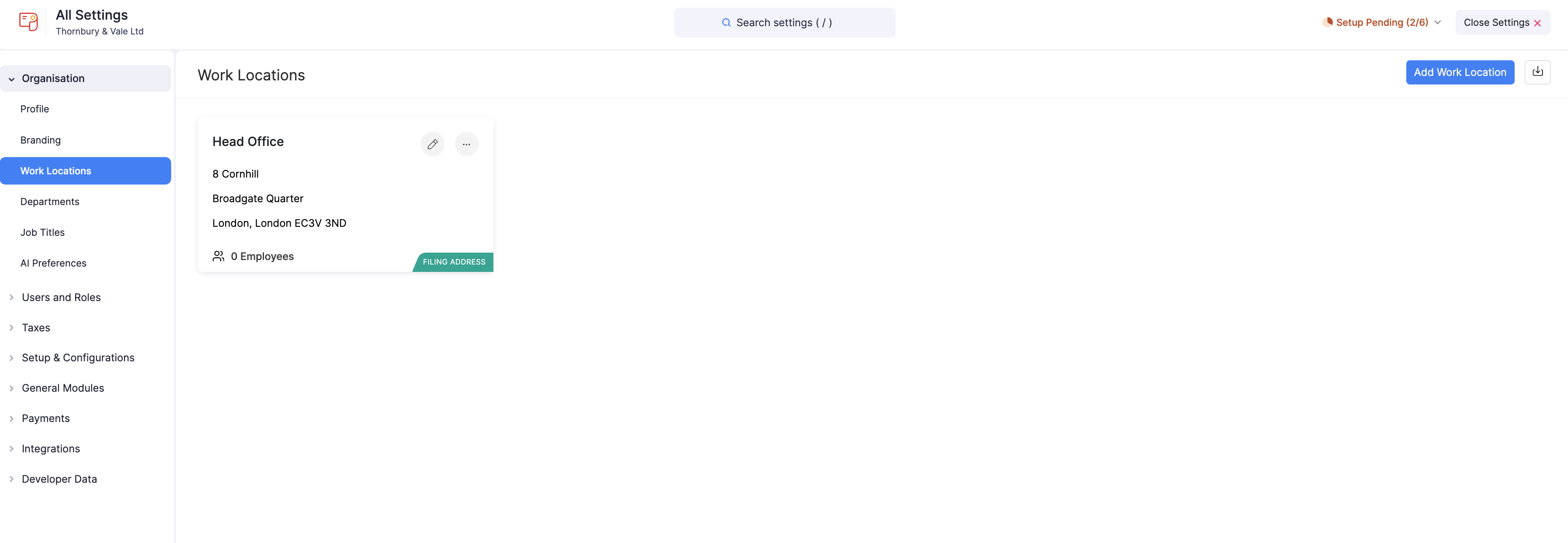 Work Locations list in Zoho Payroll
