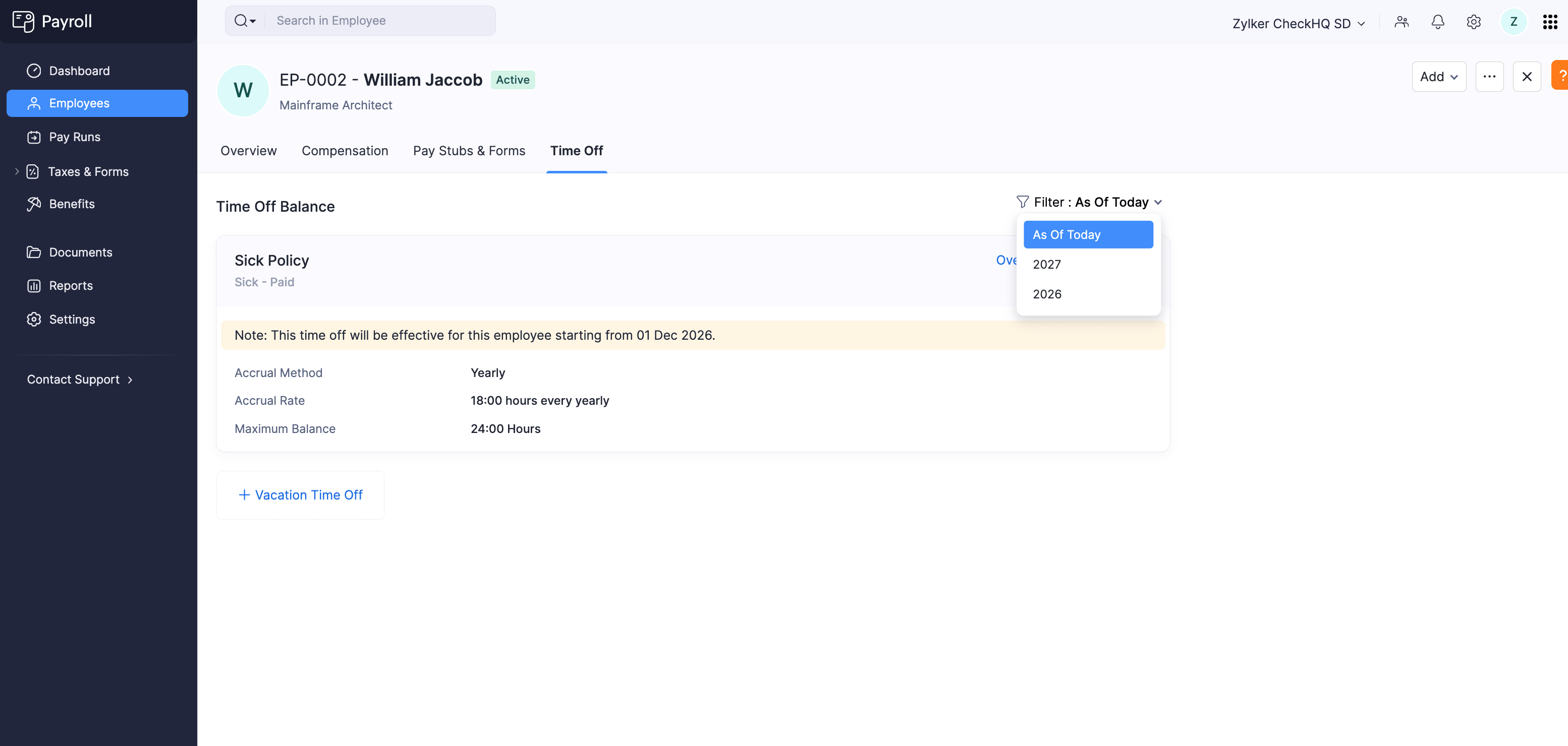 Filter dropdown on Time Off tab showing As Of Today and year options