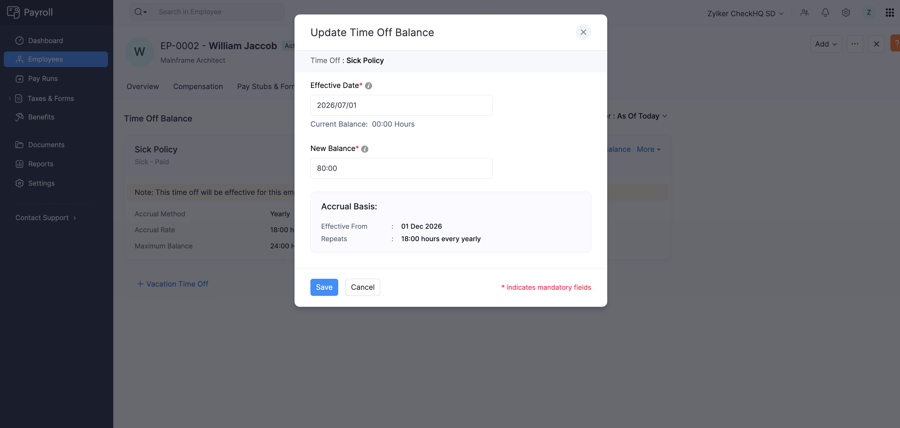 Provide new time off details and click Save to Override Time Off Balance