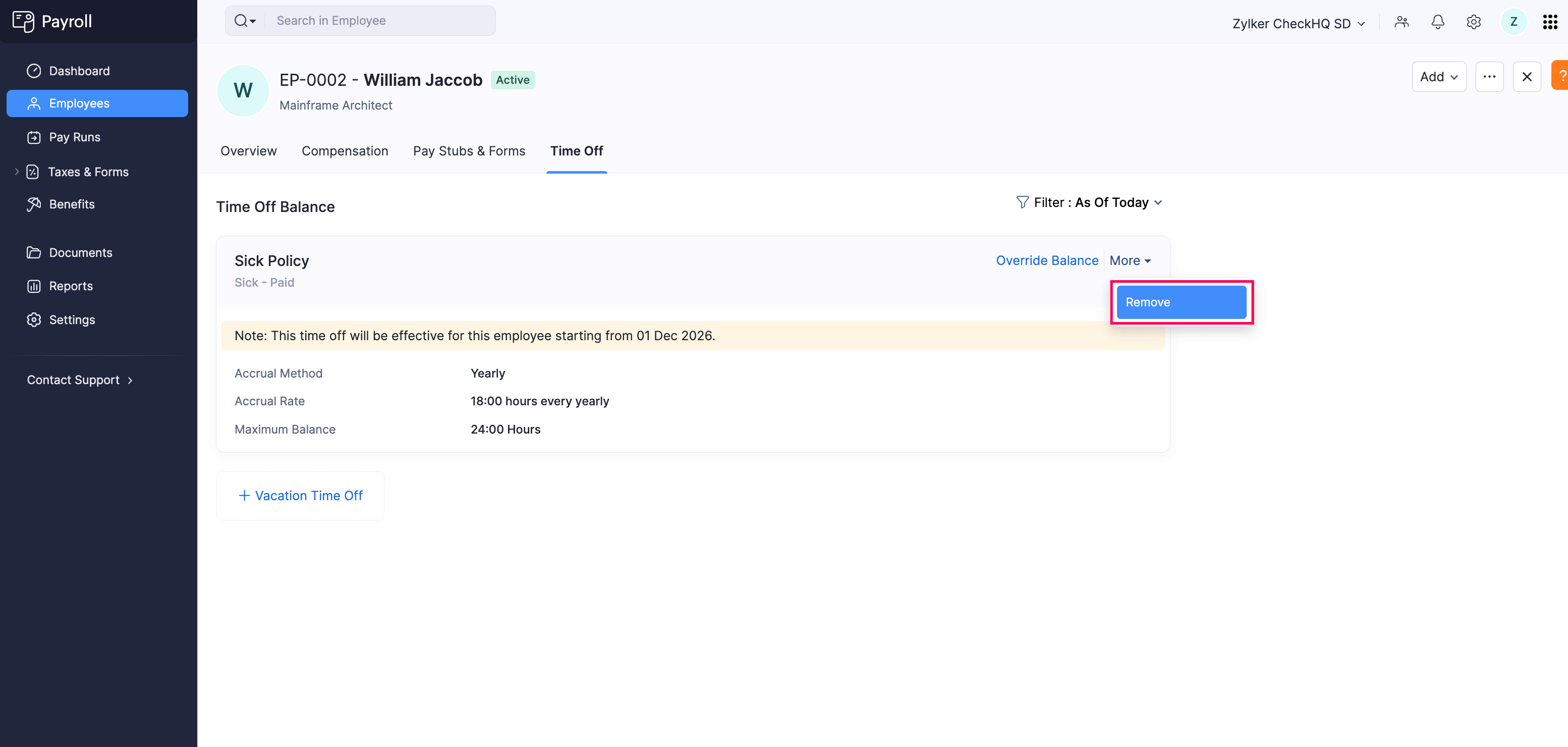 More dropdown showing Remove option on a time off policy