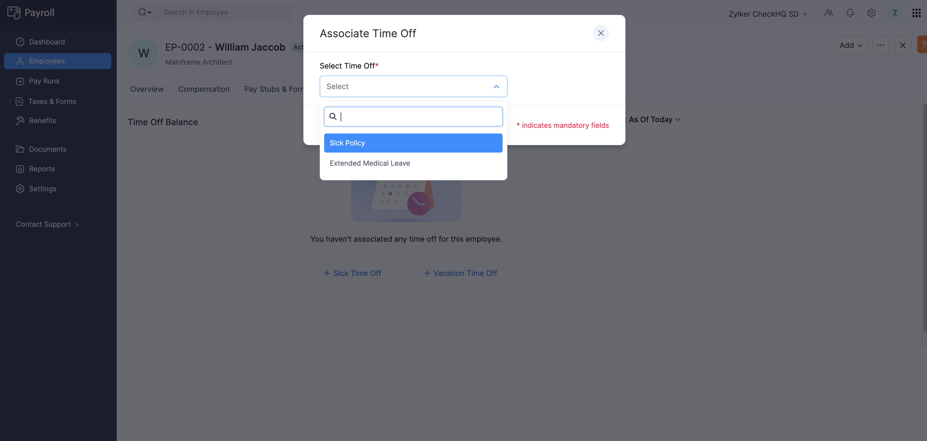 Select a Time Off to associate it to the employee