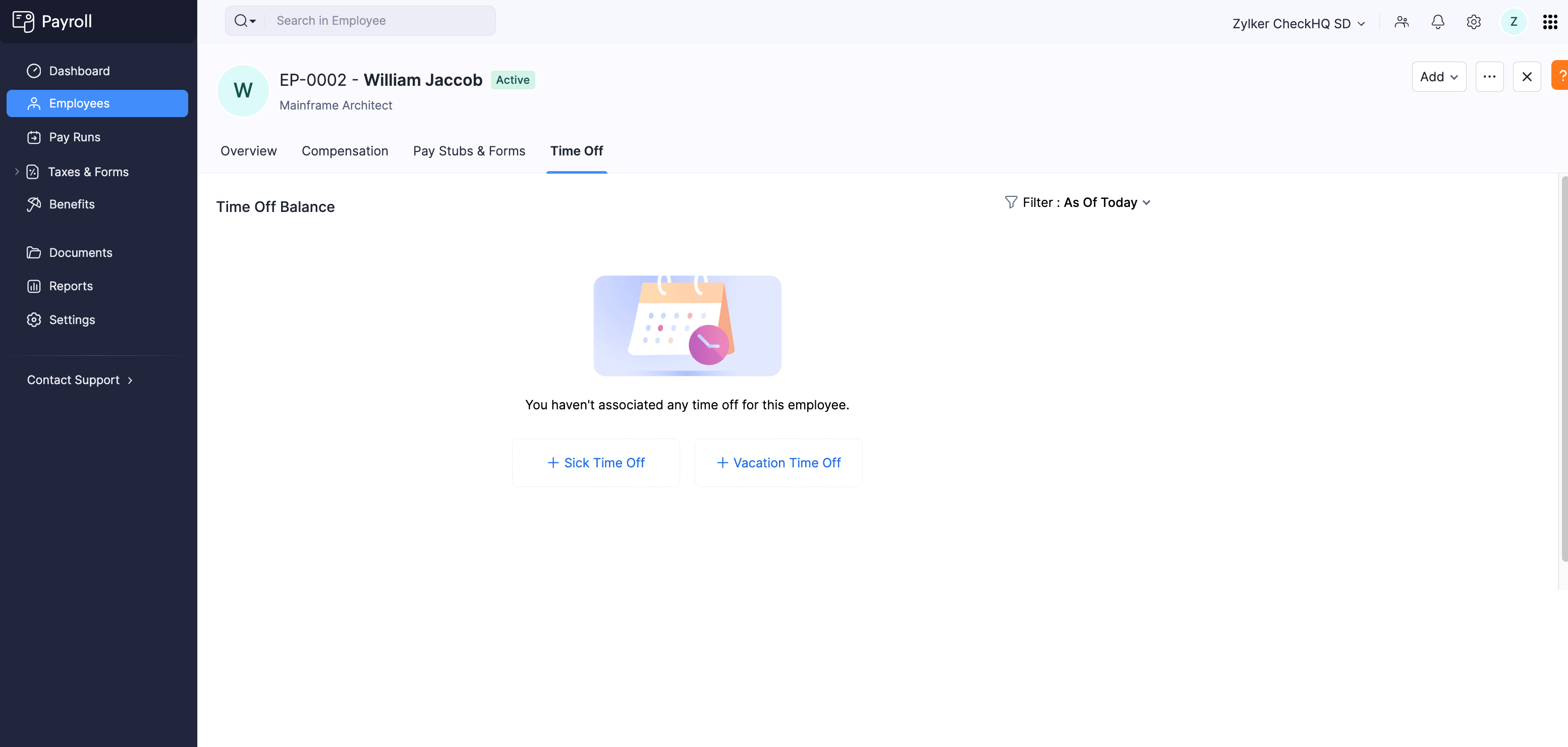Time Off tab in employee profile showing Sick Time Off and Vacation Time Off buttons