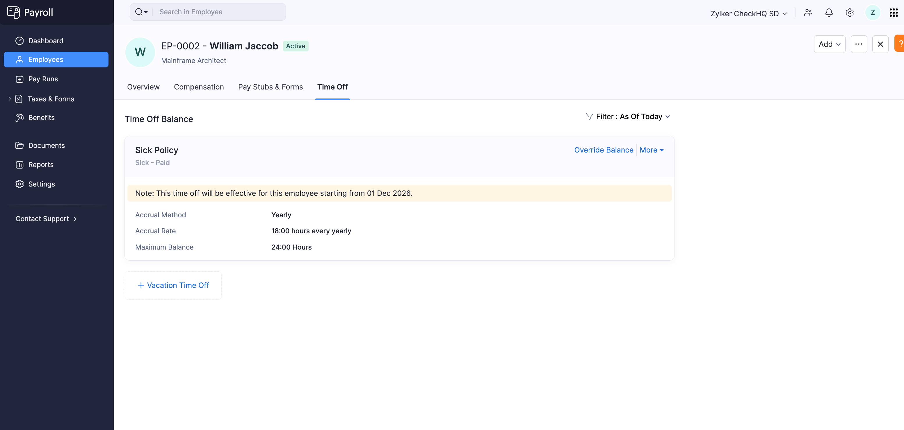 Time Off tab showing associated Sick and Vacation policies with accrual details
