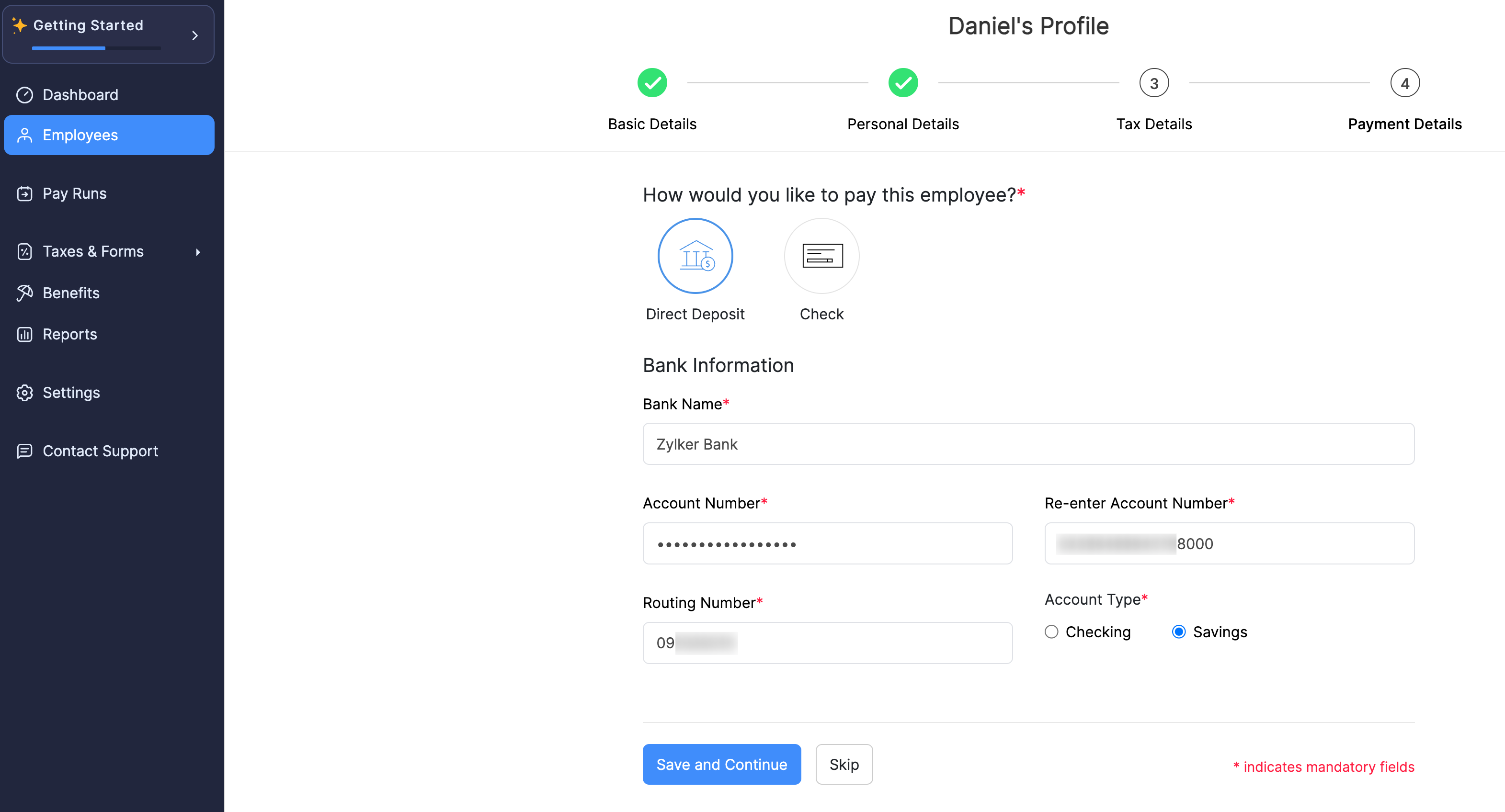 Employee&rsquo;s Bank Information Required for Direct Deposit