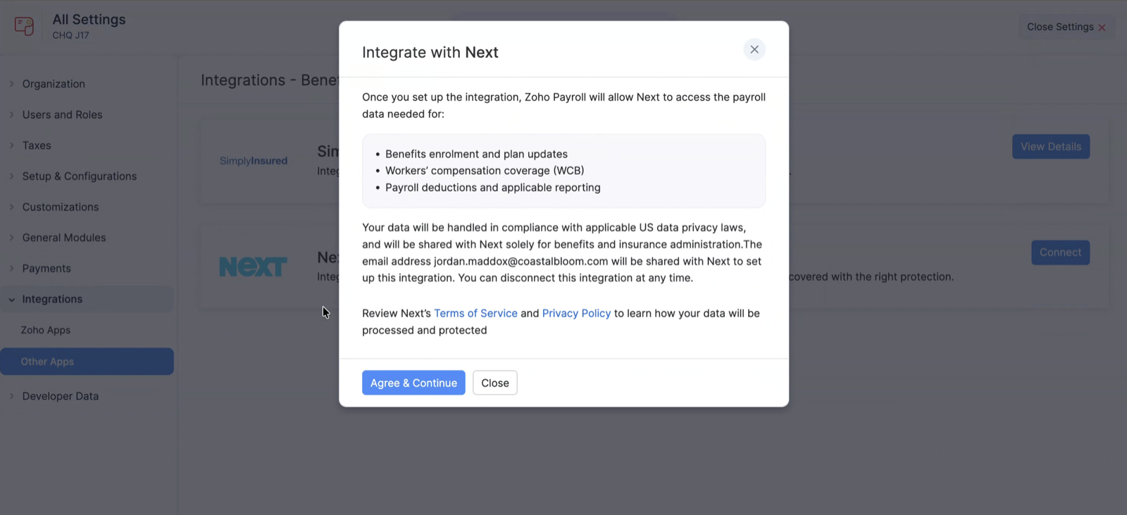 Integrate with Next consent window