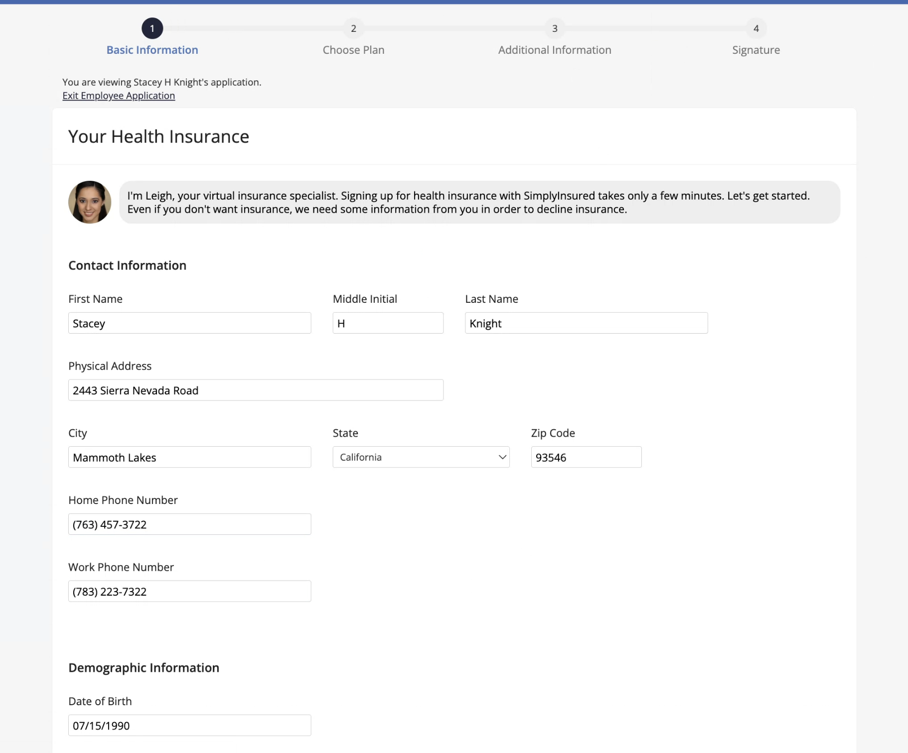 Complete an employee application on their behalf