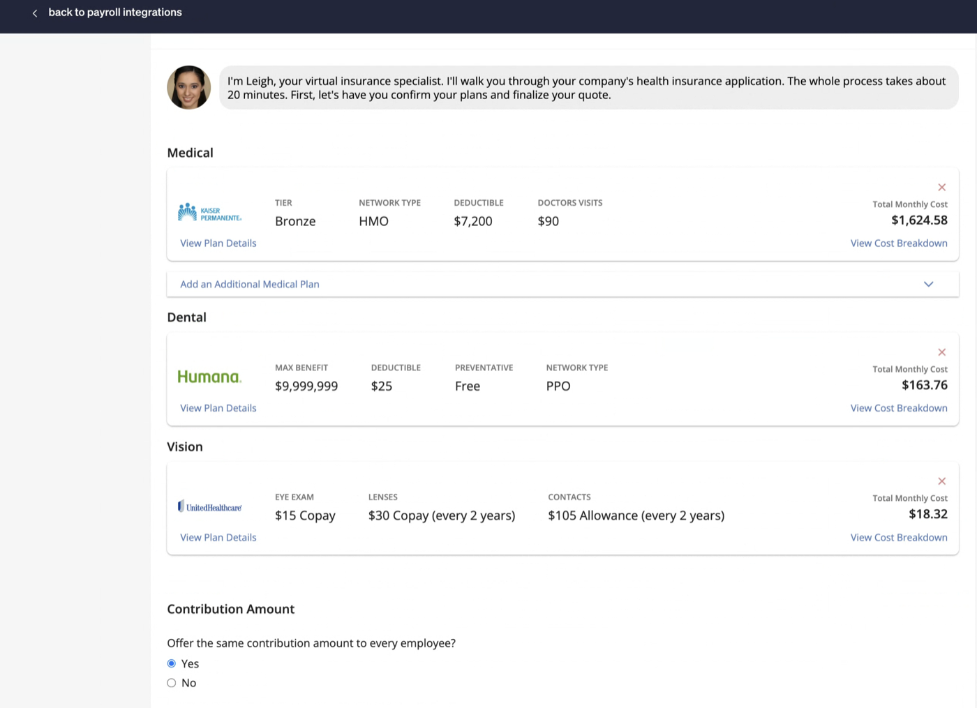 Configure policy with medical, dental, and vision plans