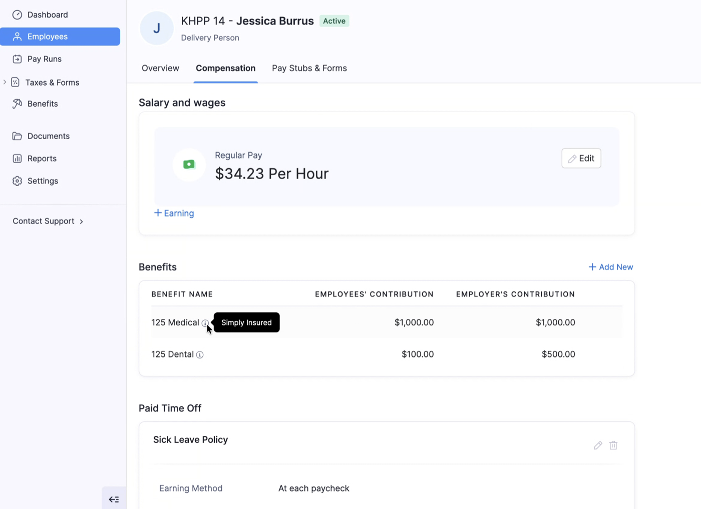 SimplyInsured benefit on employee Compensation tab
