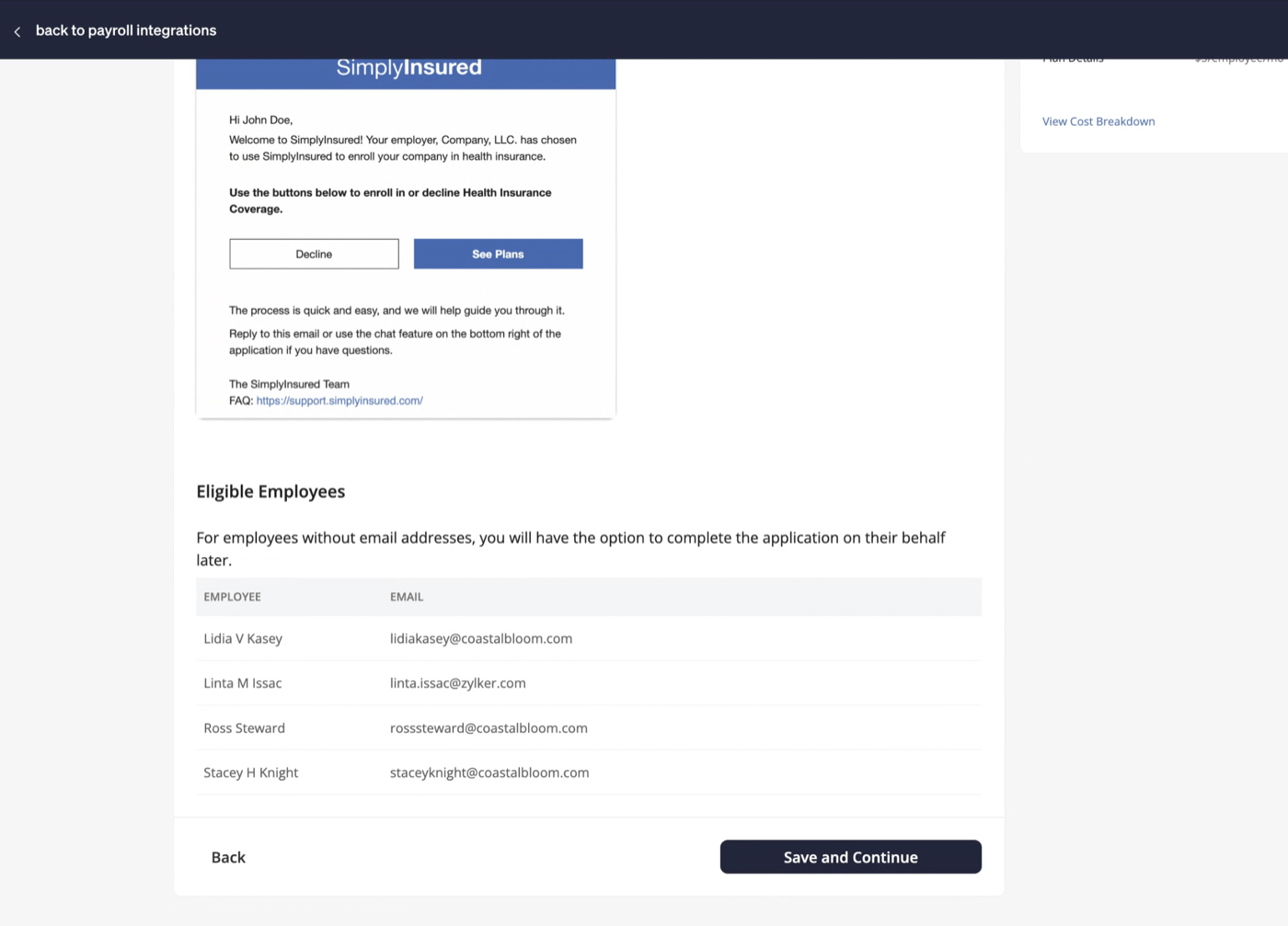 Employee application email preview and eligible employees