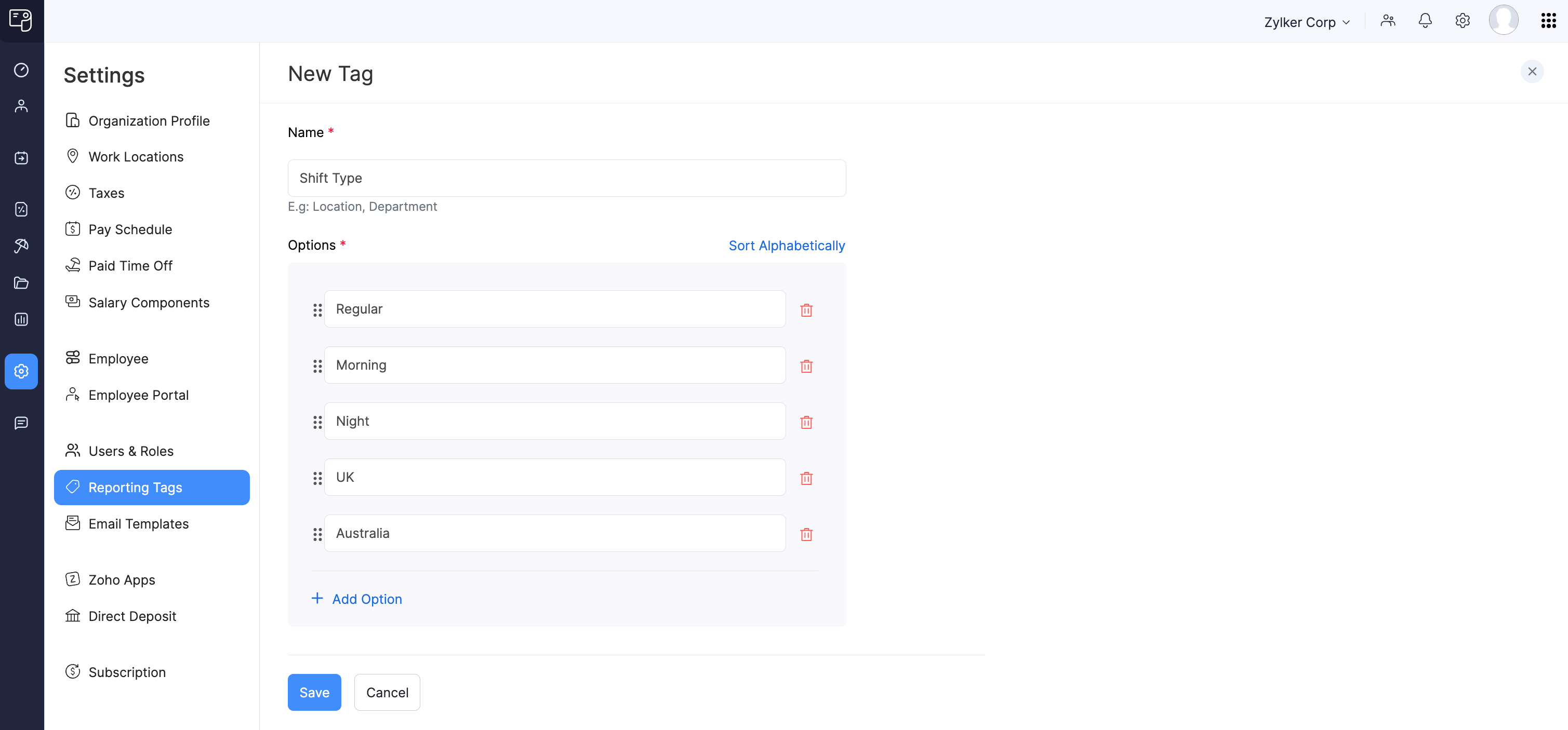 Add Reporting Tag Details in Zoho Payroll