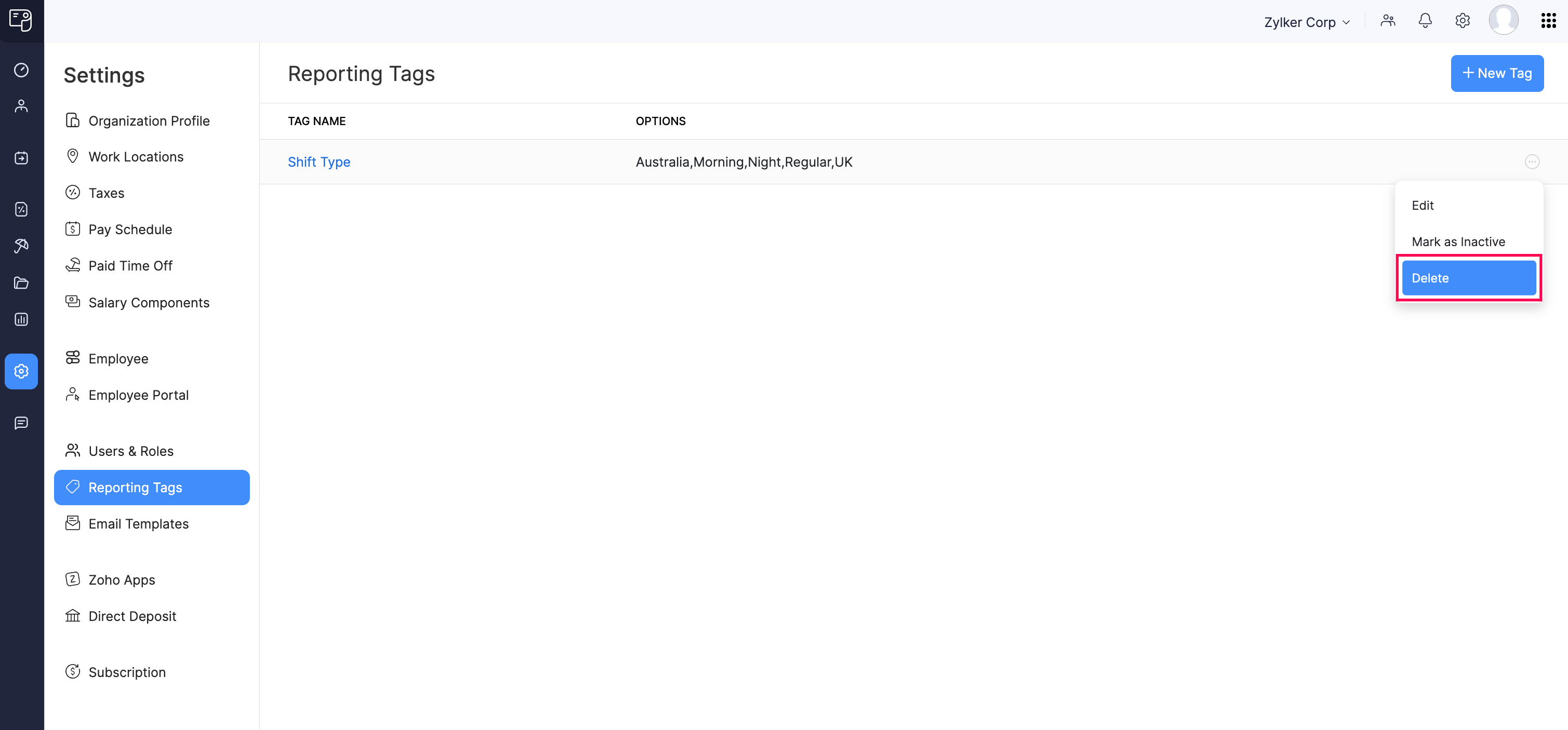Delete a Reporting Tag in Zoho Payroll