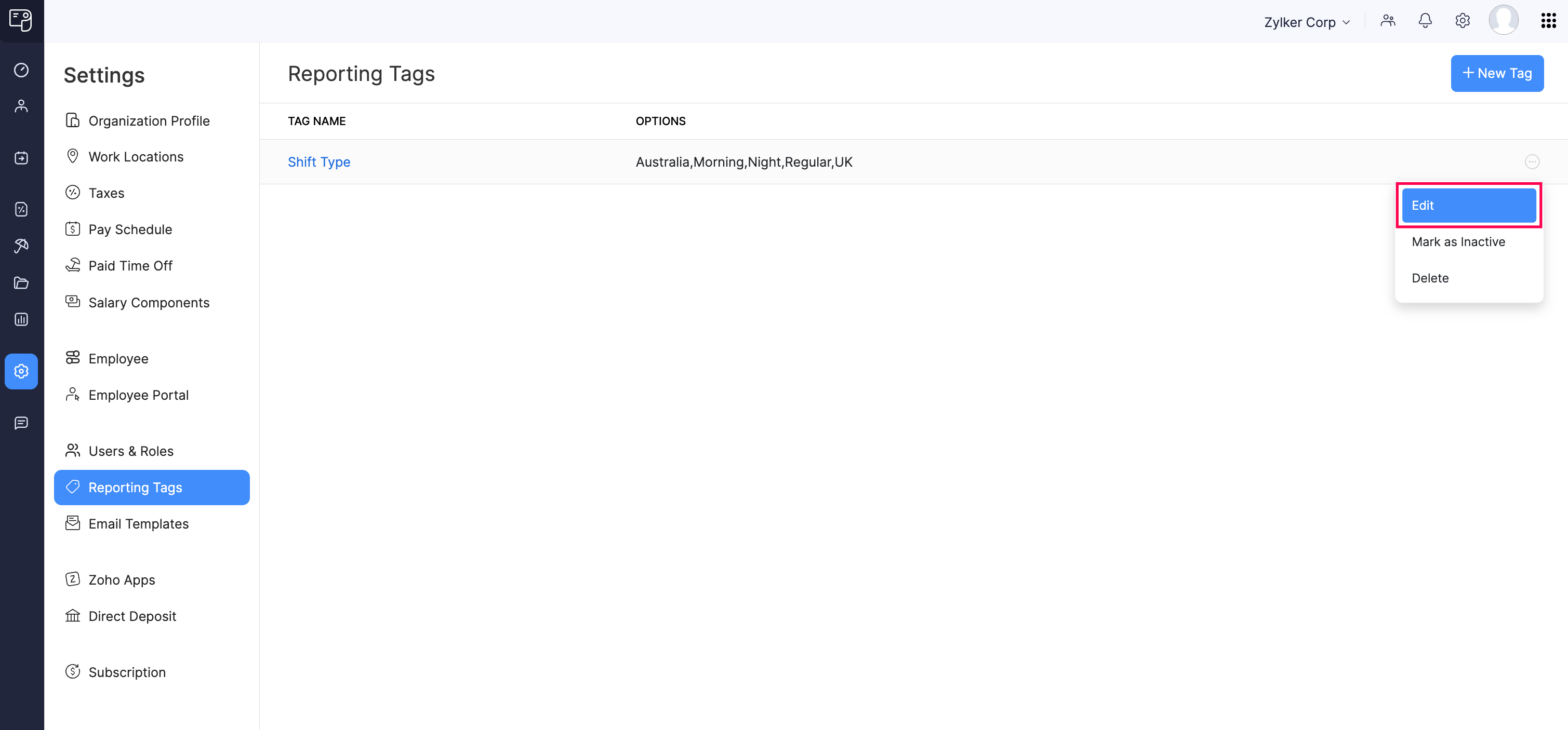 Edit a Reporting Tag in Zoho Payroll