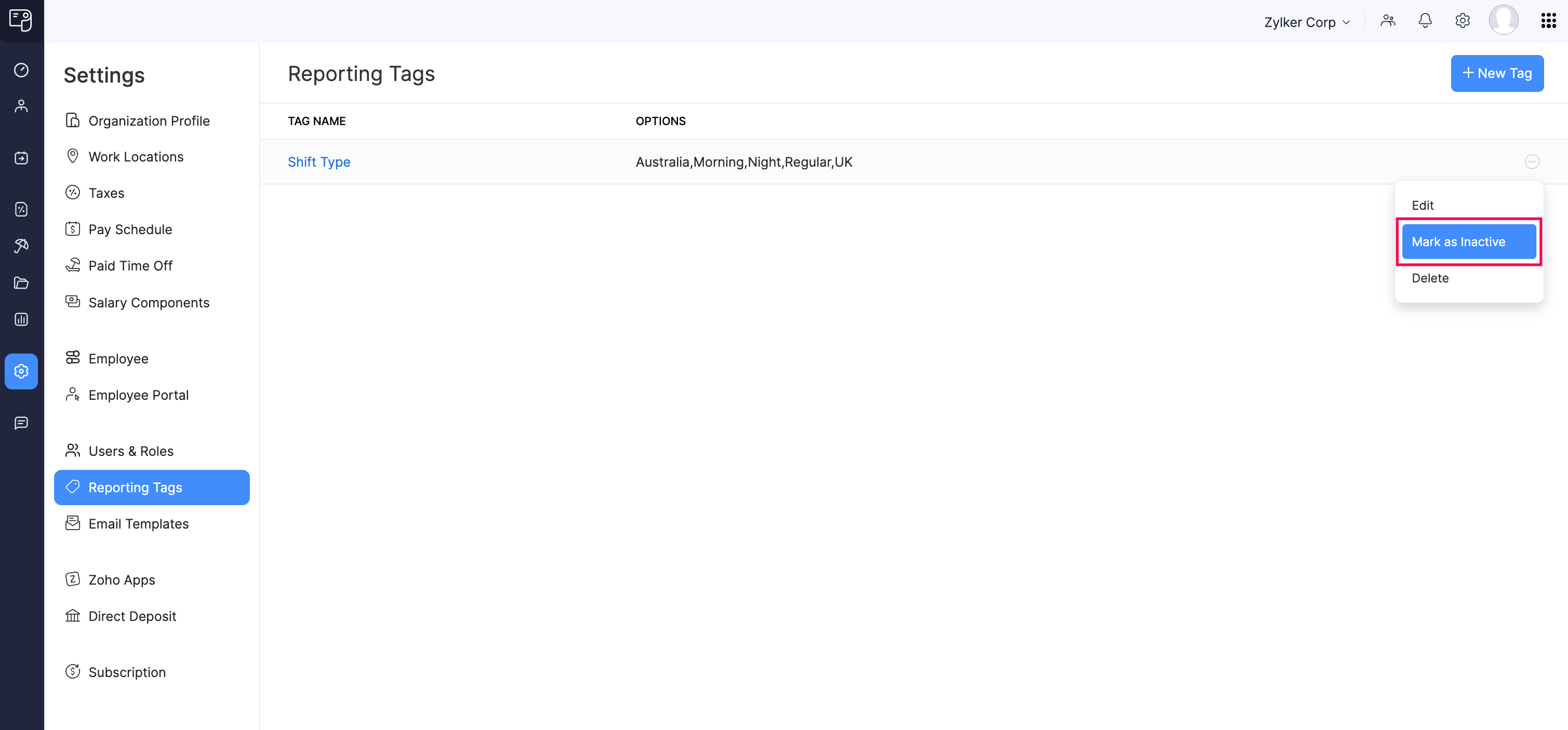 Mark a Reporting Tag as Inactive in Zoho Payroll