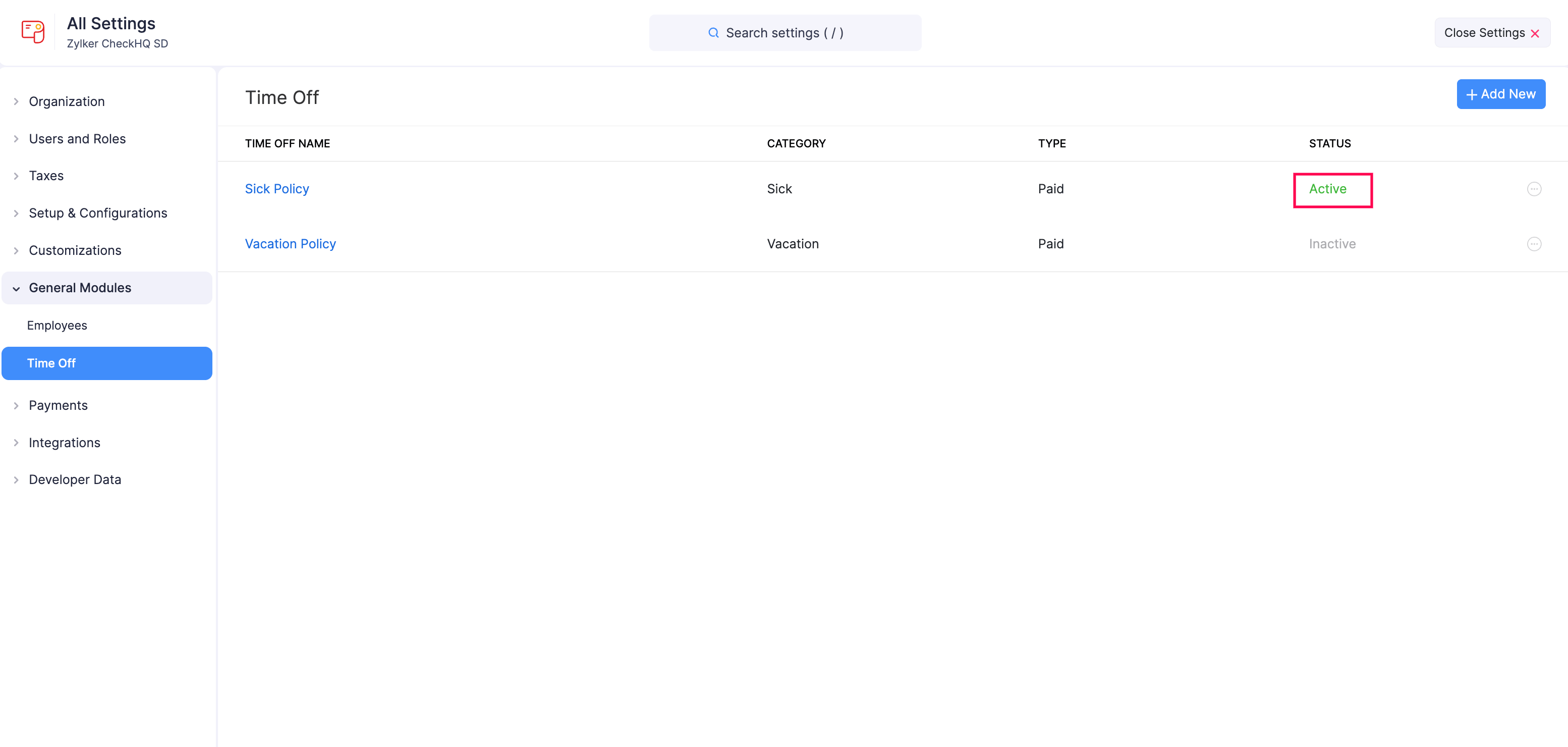 Time Off list showing Sick Policy with Active status