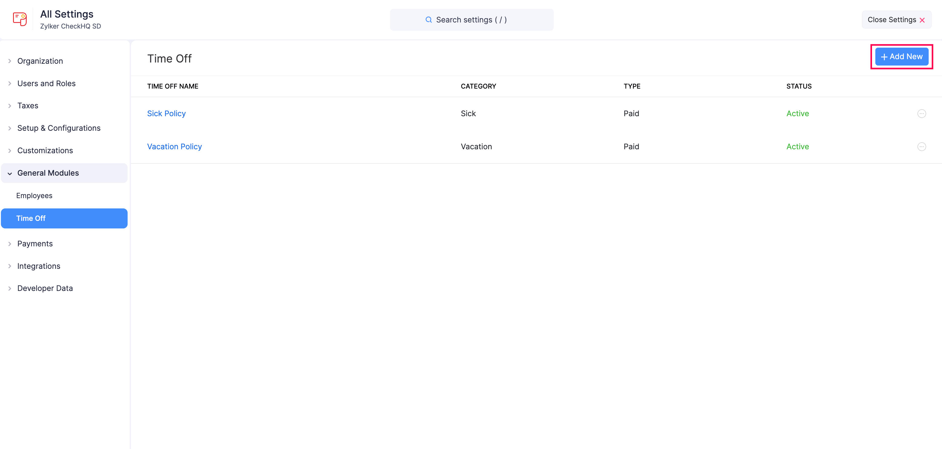 Add New Time Off in Zoho Payroll