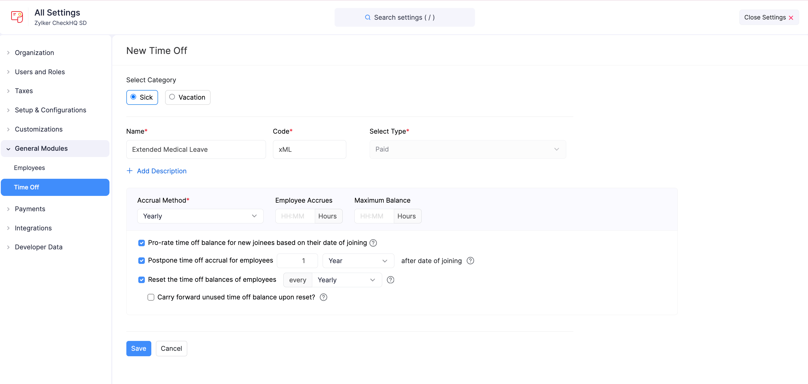 Create a New Custom Time Off in Zoho Payroll