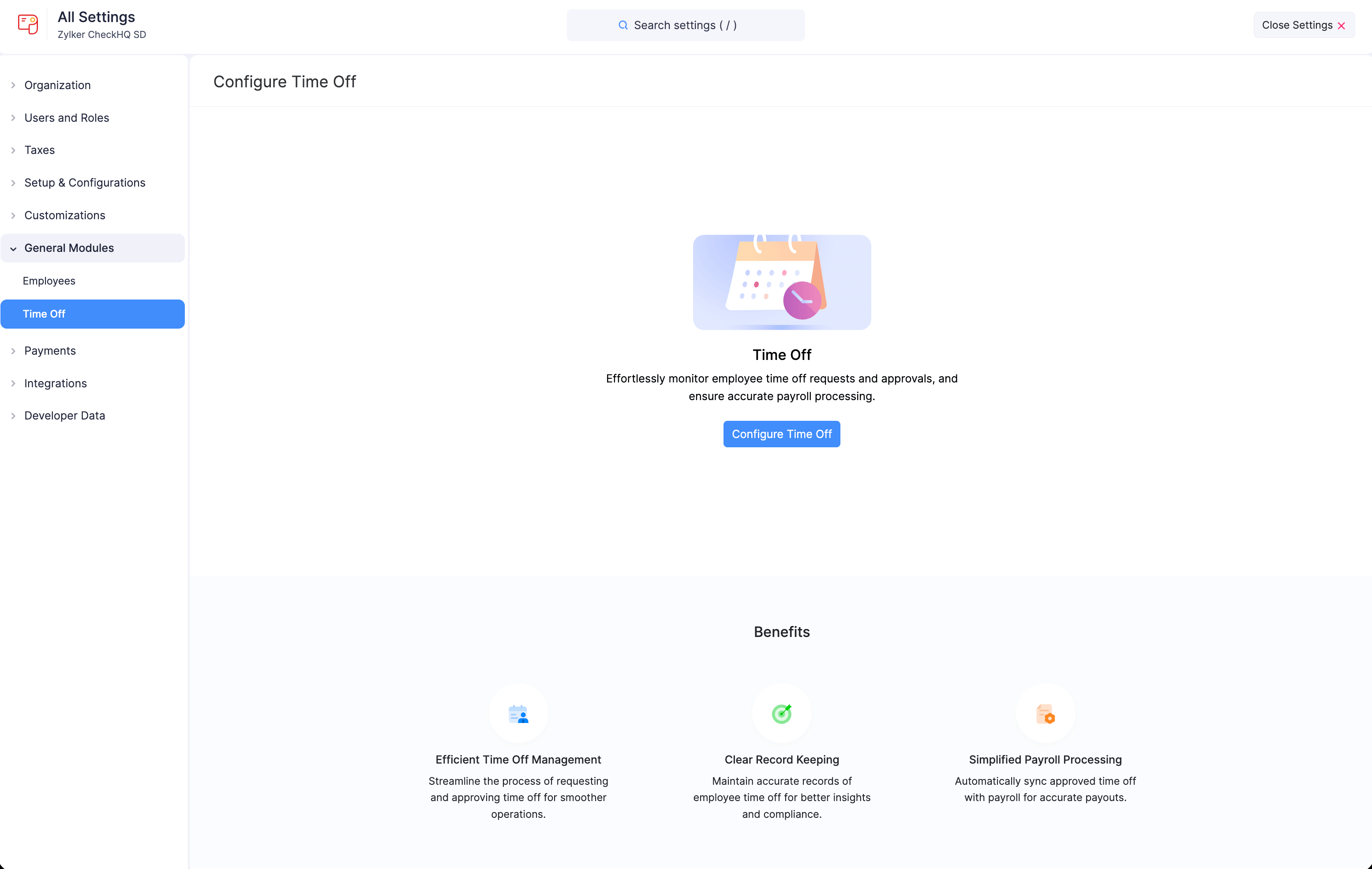 Configure Time Off page in Zoho Payroll