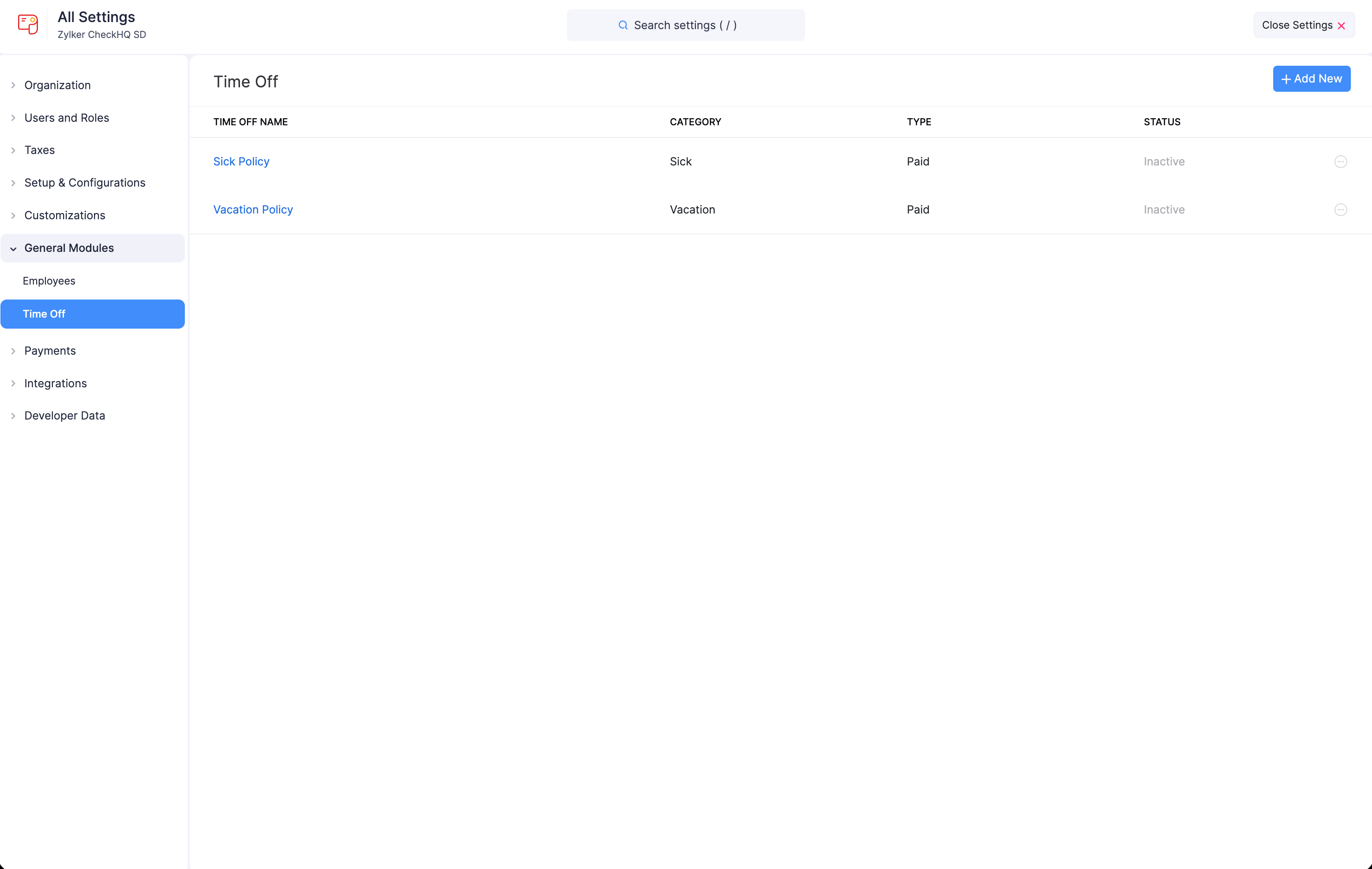 Time Off list showing default Sick and Vacation policies