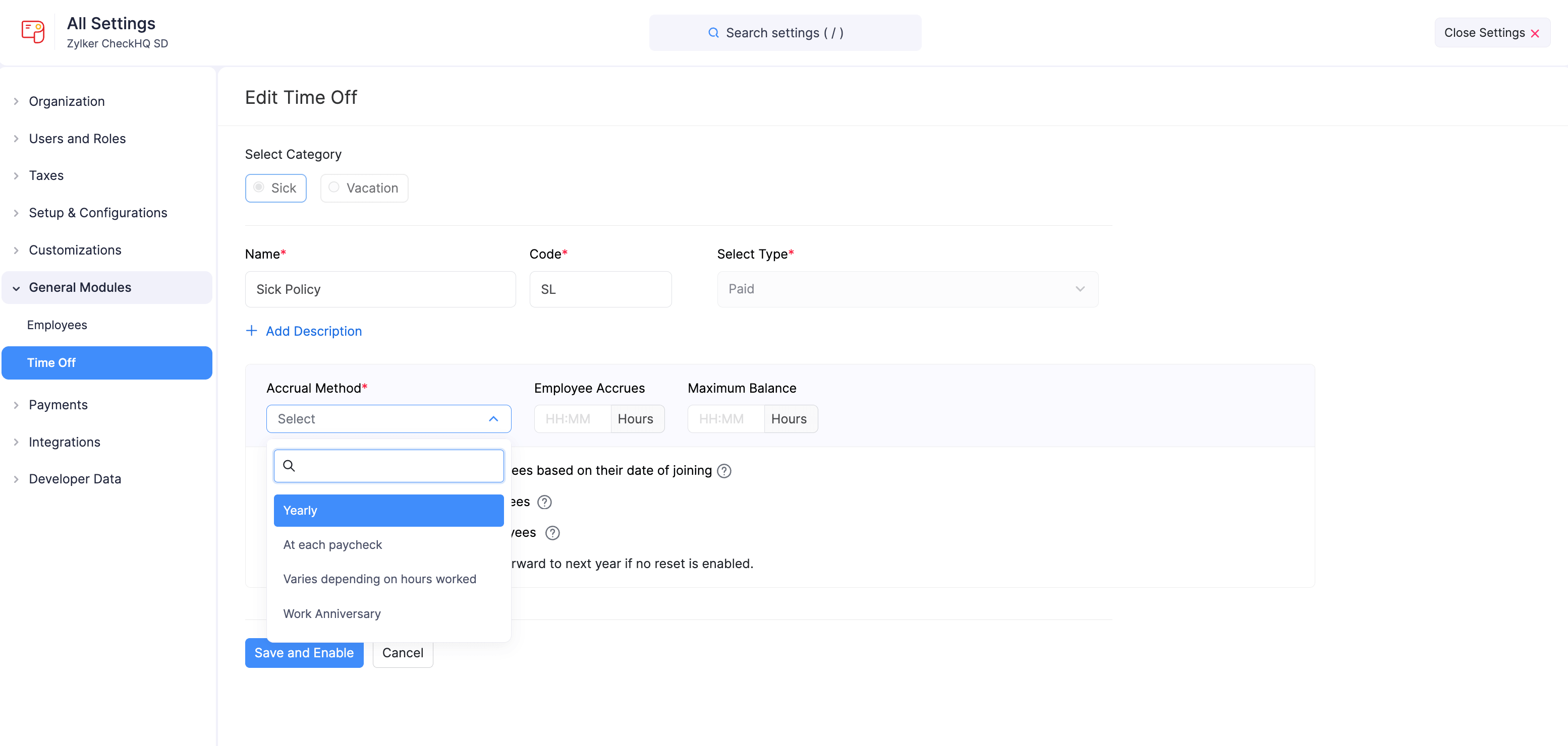 Accrual Method dropdown showing available options