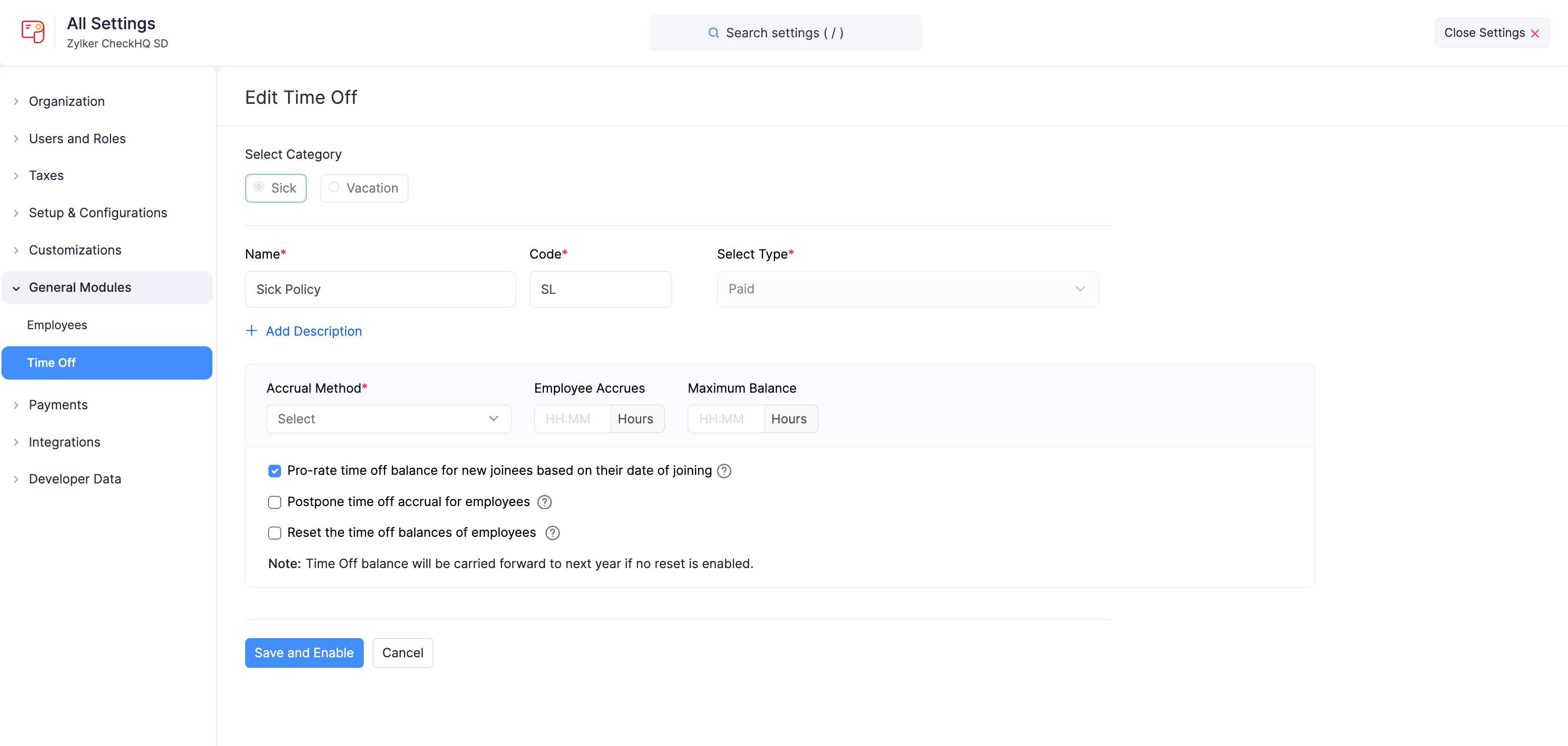 Edit Time Off form with policy details and accrual settings