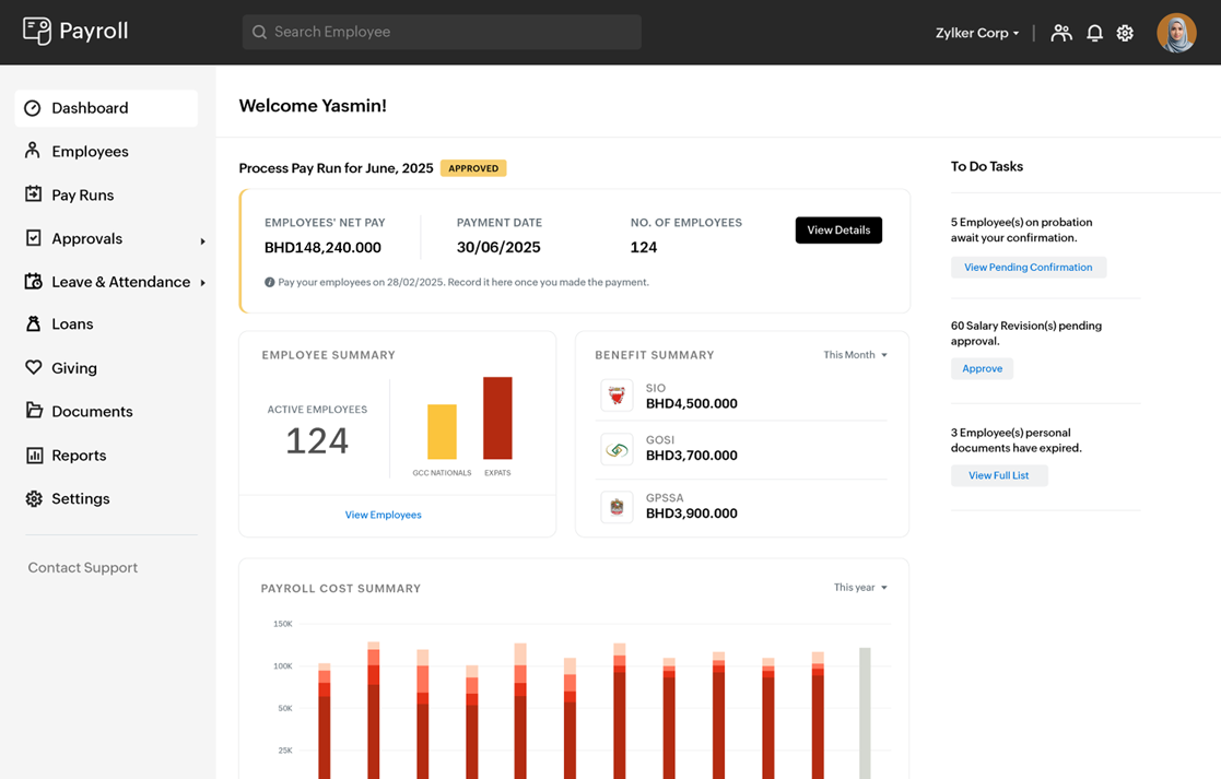 Payroll software dashboard with payroll overview