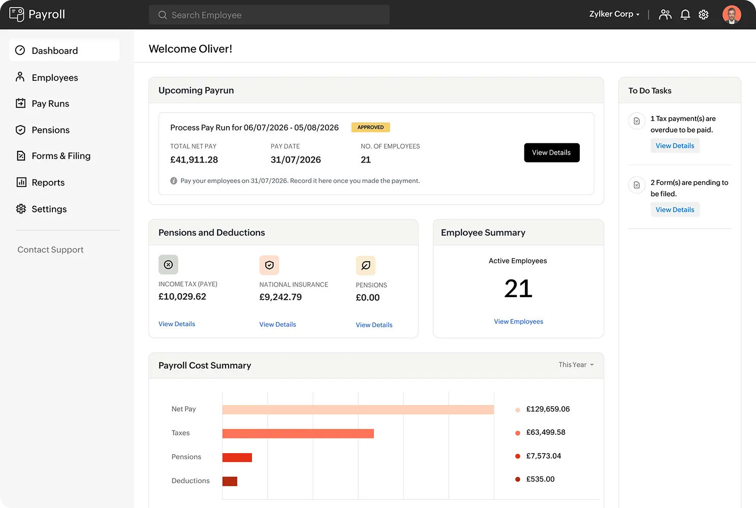 Payroll software dashboard with payroll overview