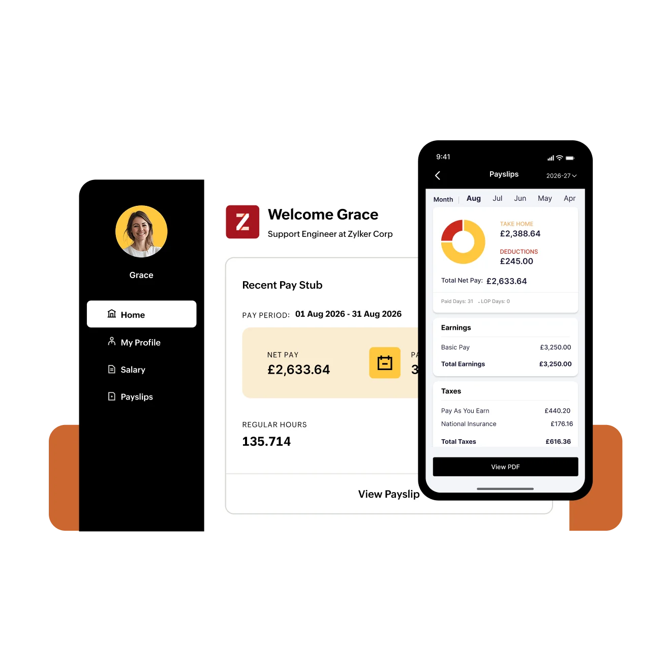 Zoho Payroll UK employee self-service on web and mobile.