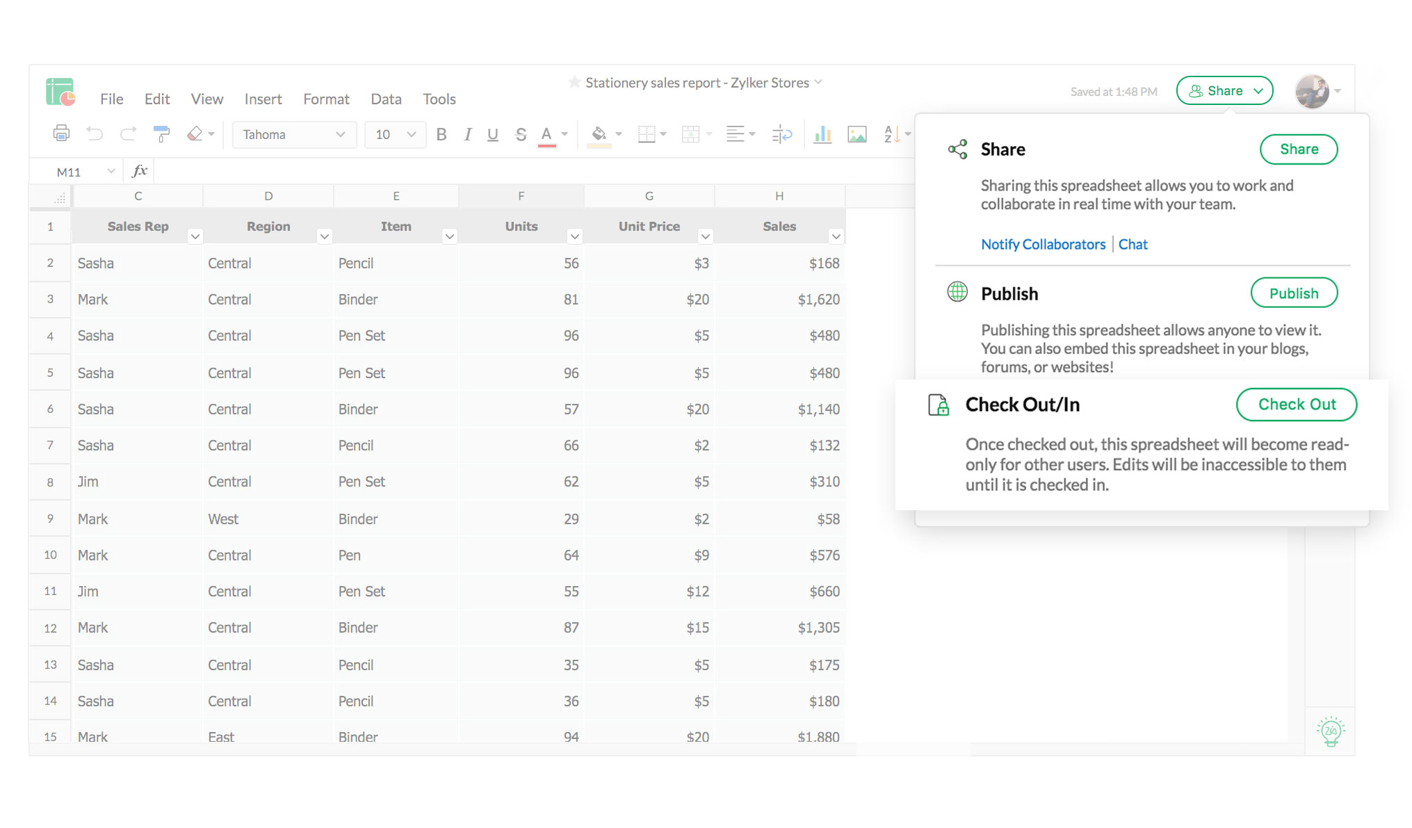 Check-Out of spreadsheets in Zoho Sheet.