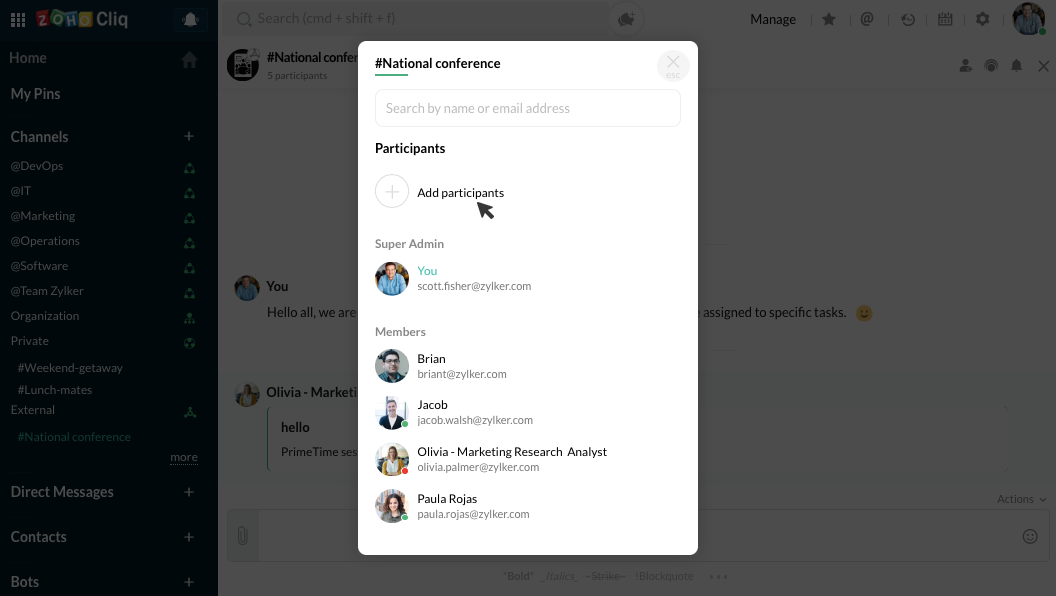 Add users through the participants view by clicking on 'Add participants'