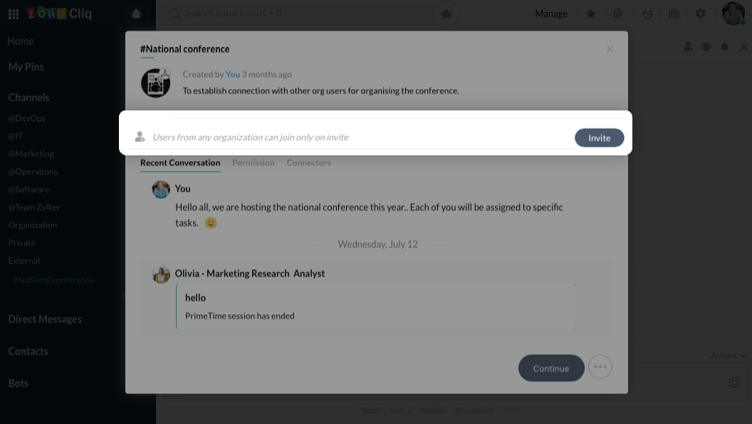 Invite another Org user by entering their email id in Channel Preview
