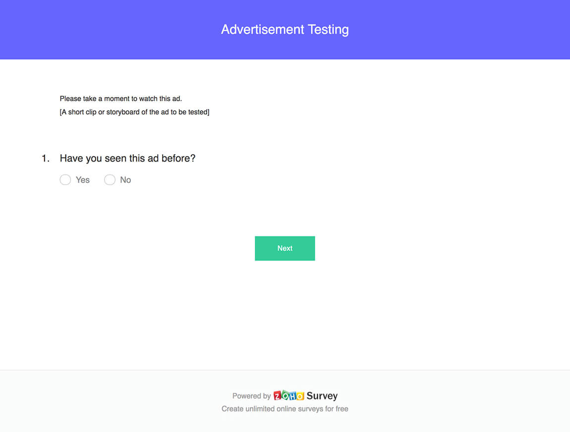 Advertisement testing survey questionnaire template