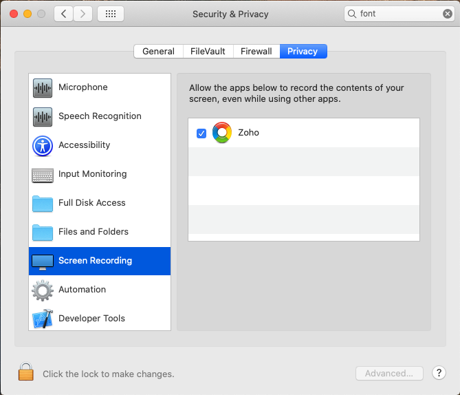 Mac Security & Screen Recording screen