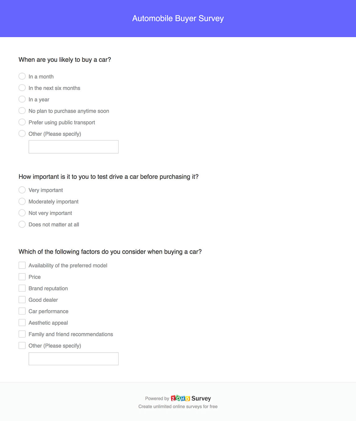Automobile buyer survey questionnaire template