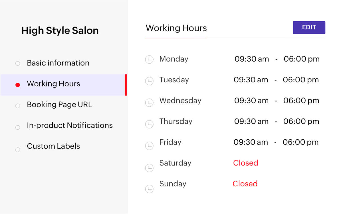 Zoho Bookings lets you customize your working hours to let customers know when you're available