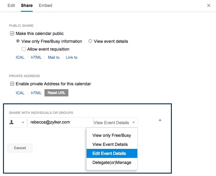 sharing and permissions in zoho calendar html calendars